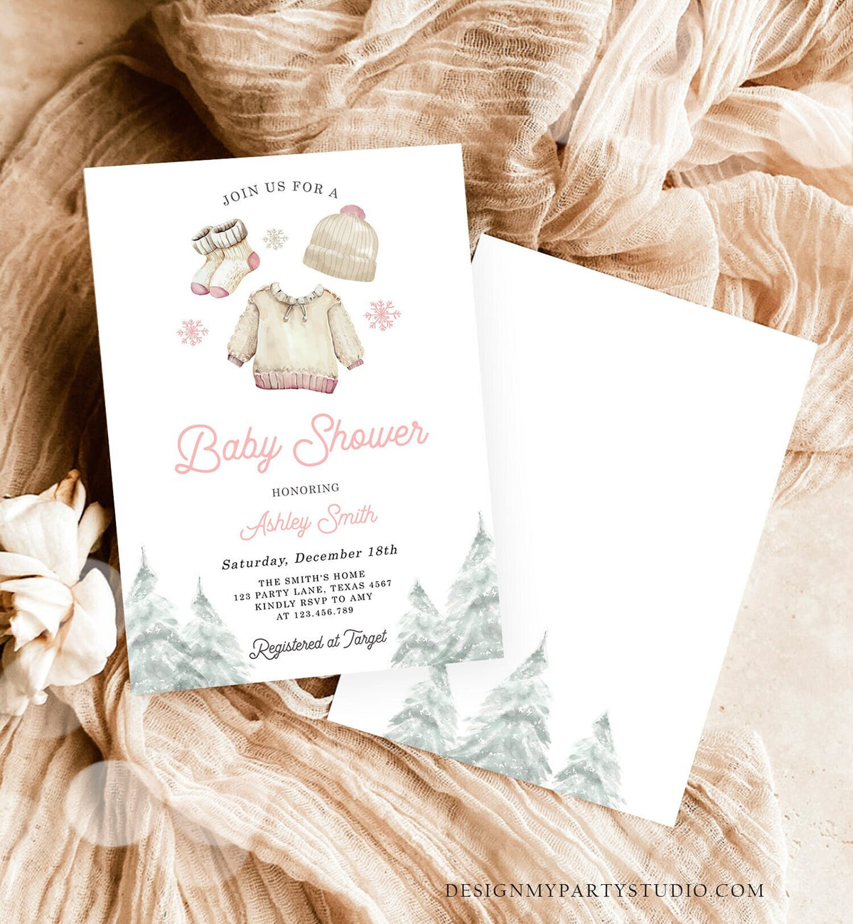 Editable Winter Baby Shower Girl Baby It&#39;s Cold Outside Invitation Christmas Pink Baby Clothes Watercolor Digital Template Printable 0491