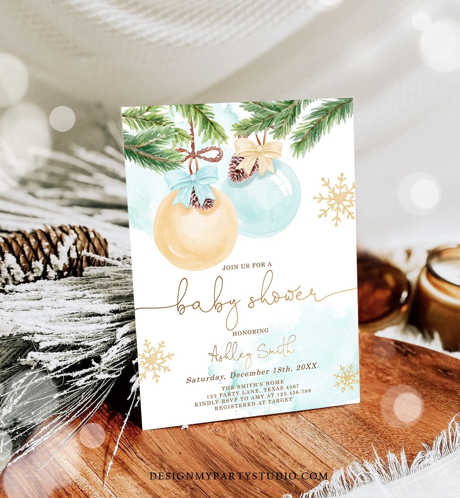 Editable Winter Baby Shower Invitation Baby It's Cold Outside Christmas Baby Shower Boy Blue Watercolor Digital Template Printable 0490