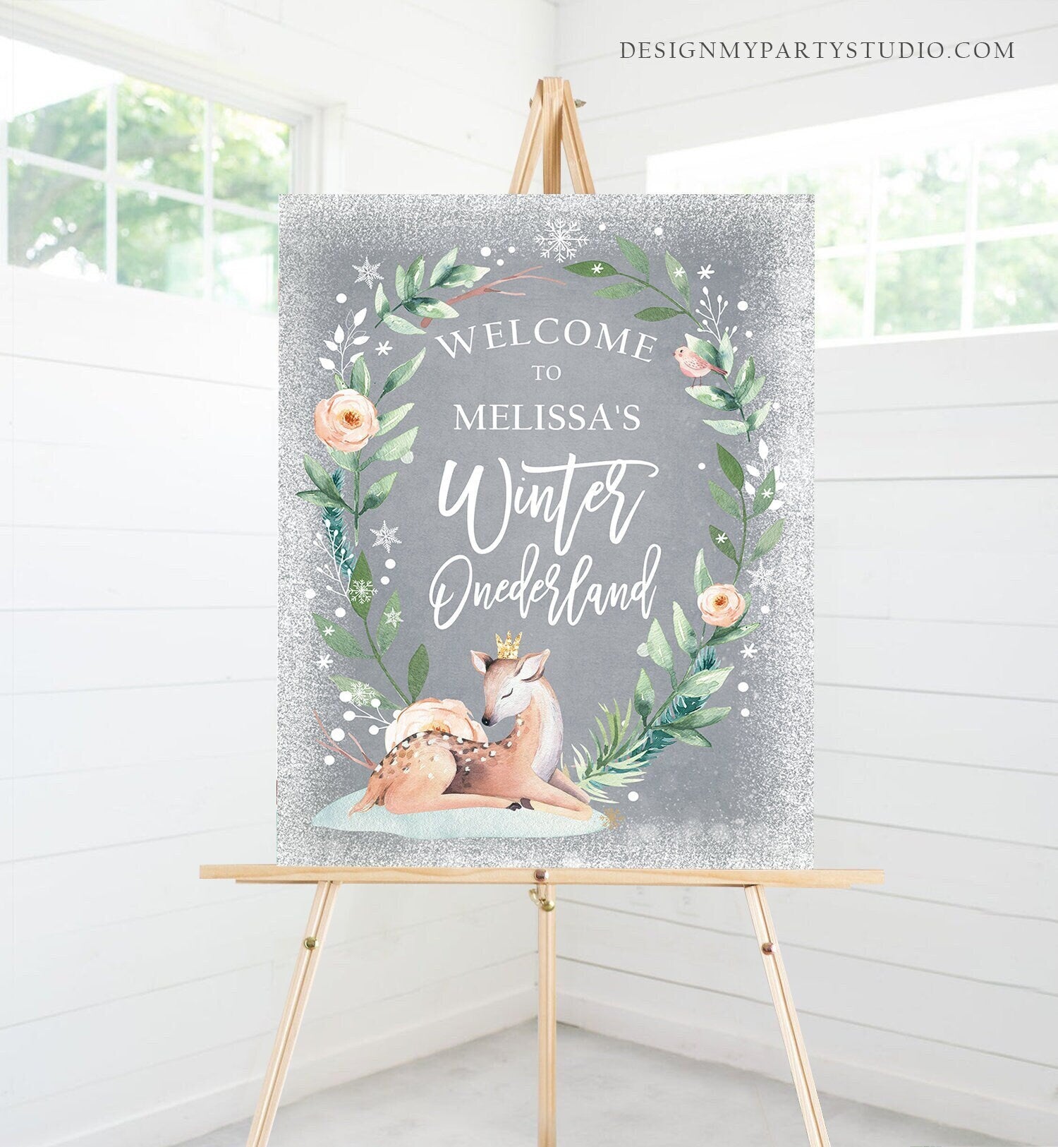 Editable Winter Deer Birthday Welcome Sign Winter Onederland Girl Pink Gold Christmas Snow Party Holiday Digital Template Printable 0265