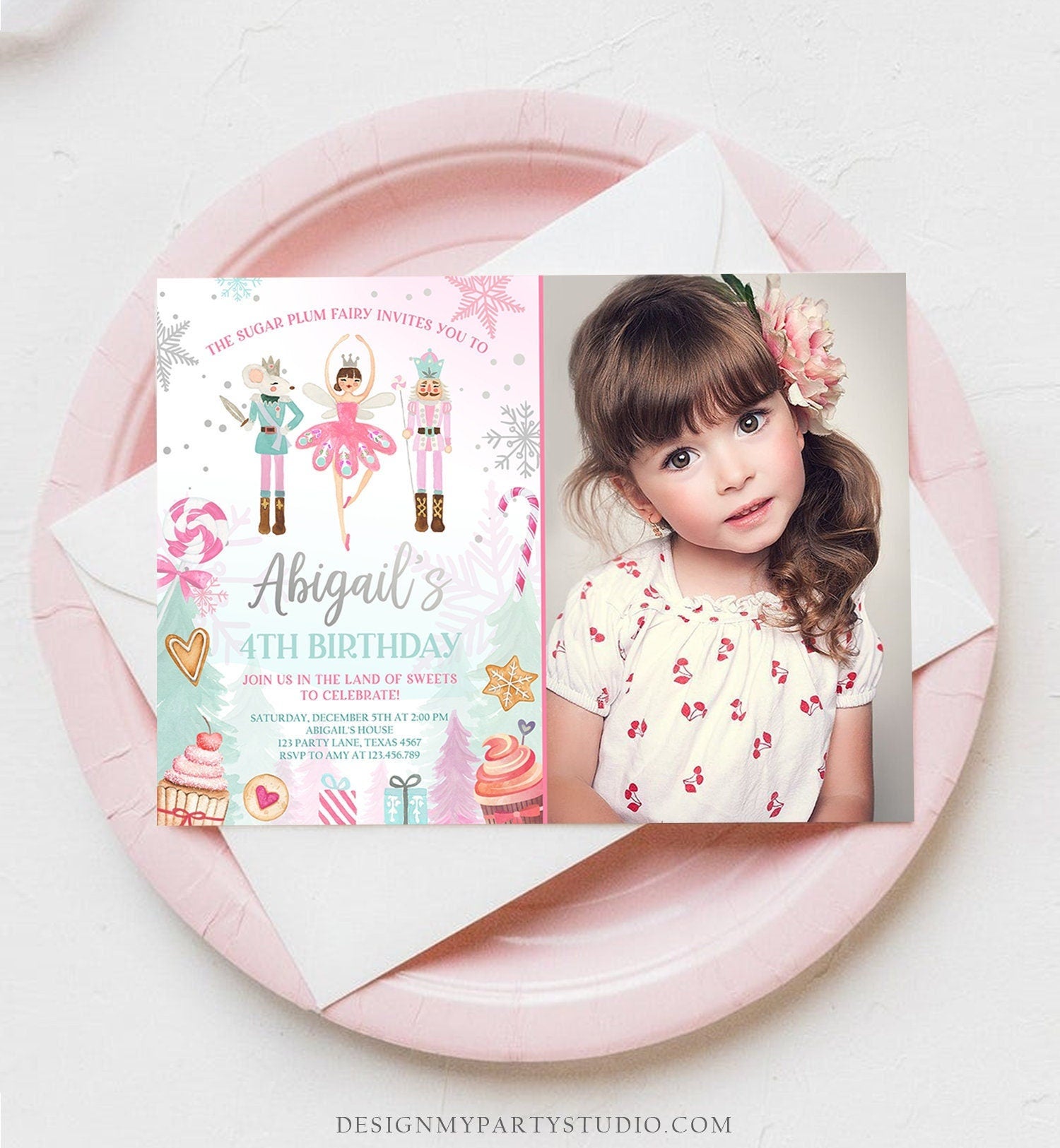 Editable Nutcracker Birthday Invitation Girl Land of Sweets Winter Pink Girl Sugar Plum Fairy Digital Download Template Printable 0352