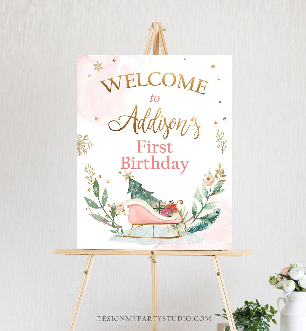 Editable Winter Birthday Welcome Sign Sleigh Oh What Fun Welcome Girl Pink Gold Christmas Party Holiday Digital Template Printable 0353