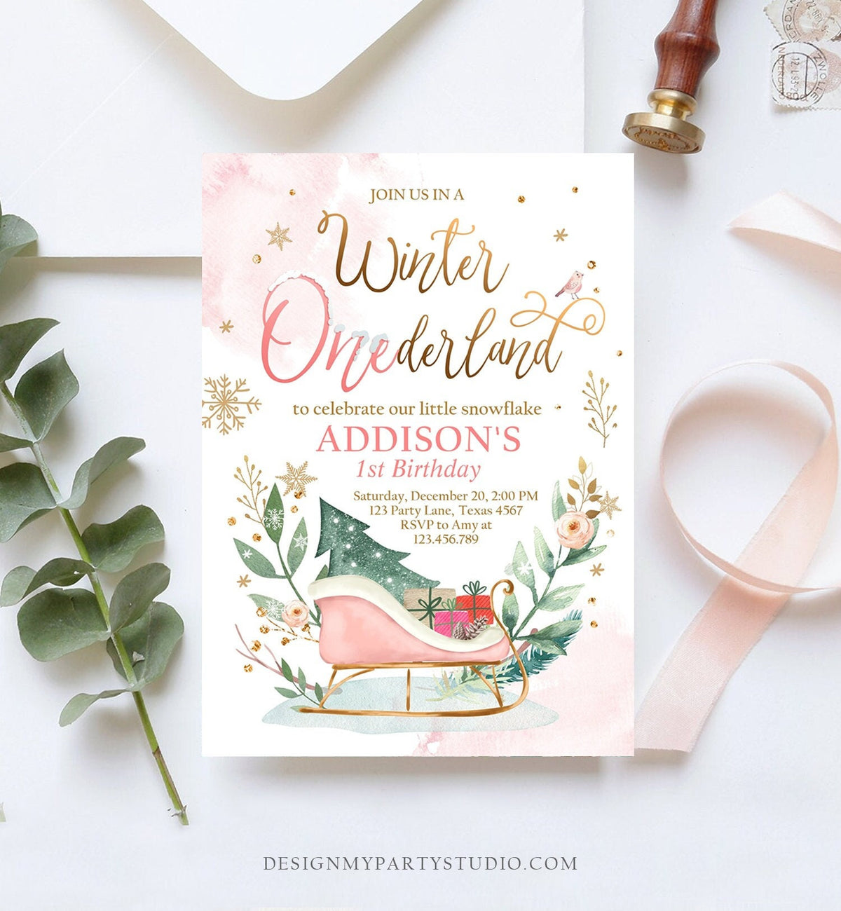 Editable Winter Onederland Invitation First Birthday Girl Pink Gold Christmas Sleigh Little Snowflake Digital Evite Template Printable 0353