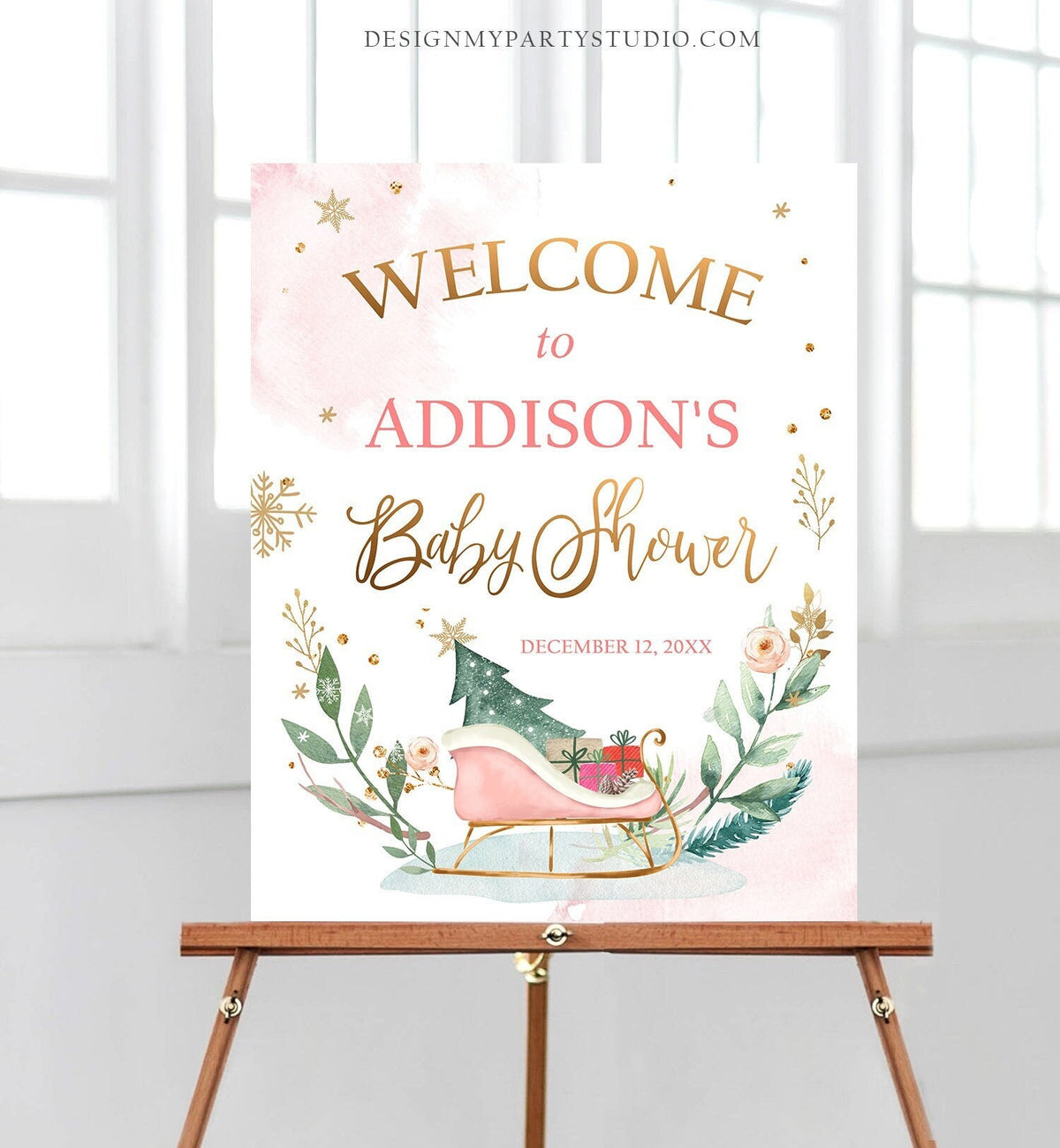 Editable Winter Baby Shower Welcome Sign Sleigh Baby Its Cold Outside Girl Pink Gold Christmas Digital Download Template Printable 0353