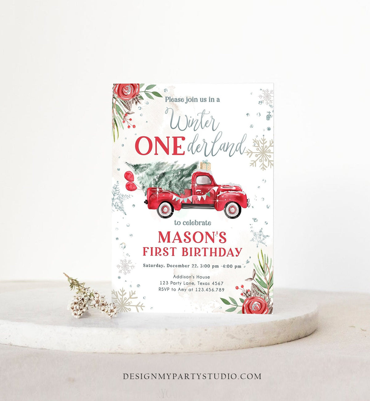 Editable Winter Onederland Winter First Birthday Invitation 1st Winter Red Boy Silver Floral Truck Christmas Digital Template Printable 0356