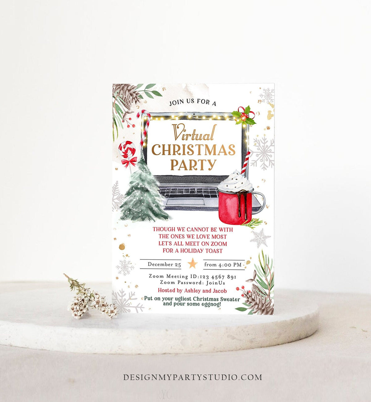 Editable Virtual Christmas Party Invitation Christmas Toast Zoom Laptop Online Meeting Digital Download Evite Template Printable 0356