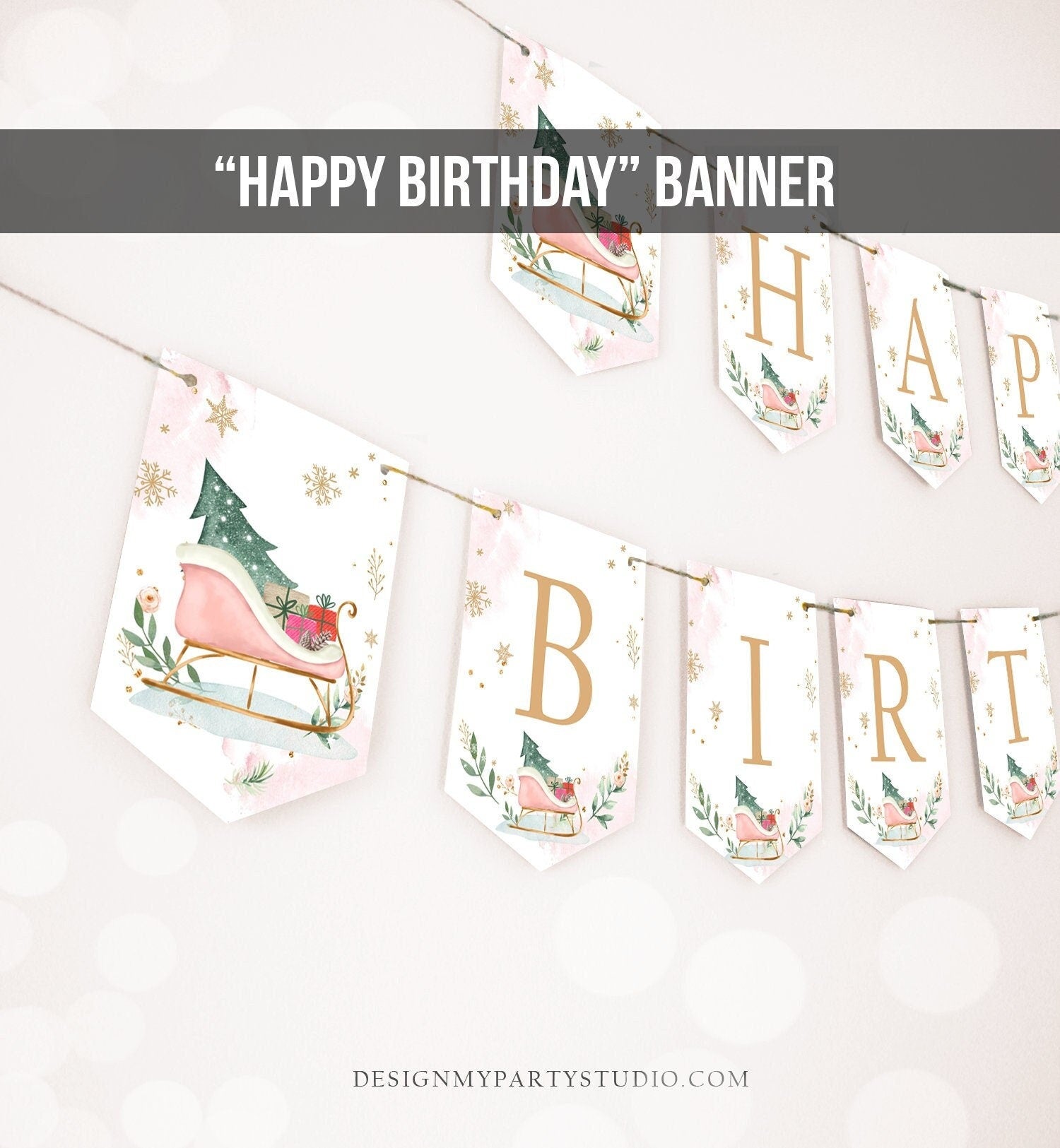 Happy Birthday Banner Winter Birthday Girl Winter Onederland Decorations Magical Winter Christmas Sleigh Digital Download Printable 0353