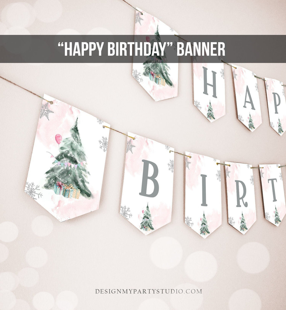 Happy Birthday Banner Winter Birthday Girl Winter Onederland Decorations Christmas Tree Watercolor Pink Digital Download Printable 0363