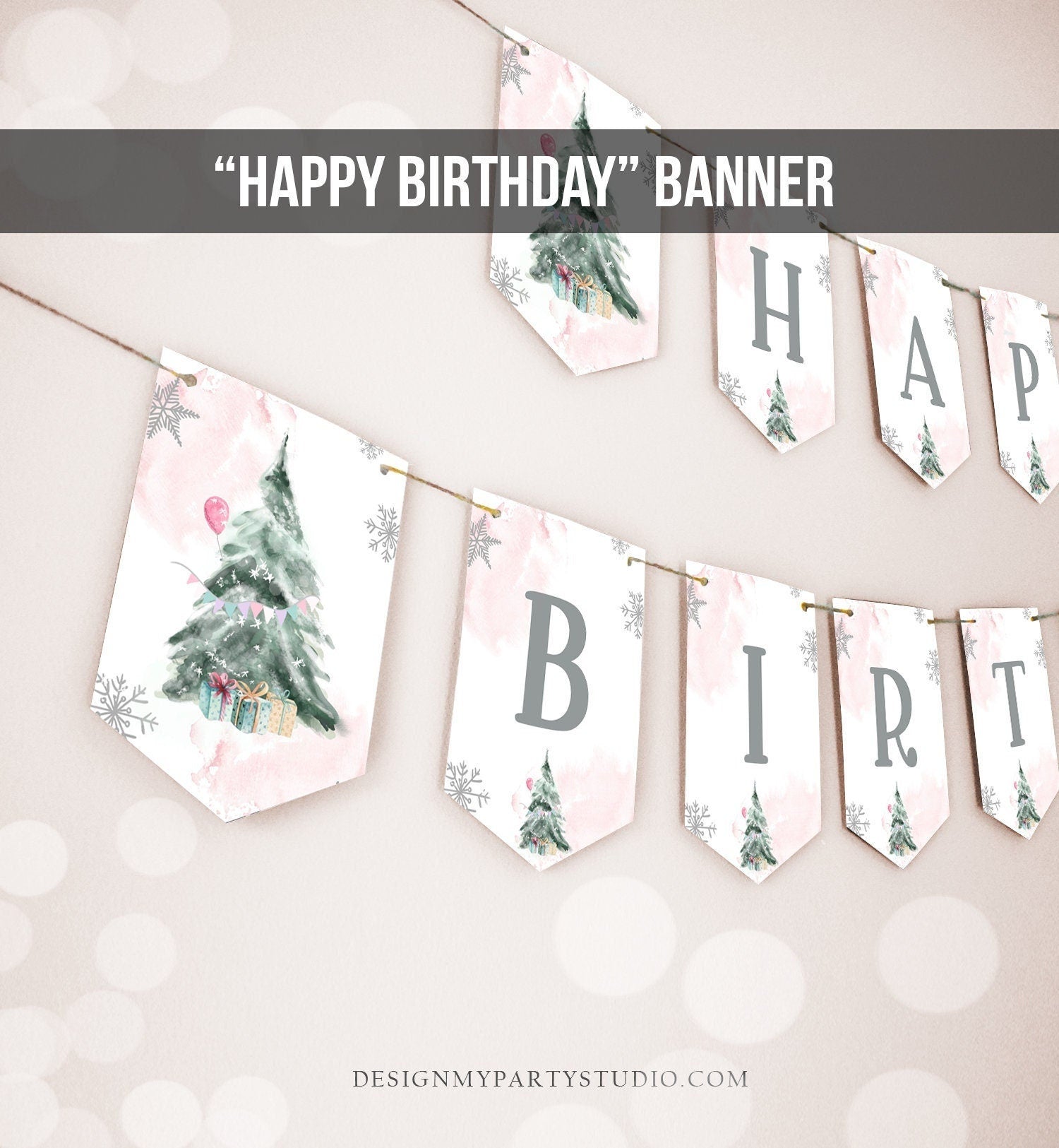 Happy Birthday Banner Winter Birthday Girl Winter Onederland Decorations Christmas Tree Watercolor Pink Digital Download Printable 0363