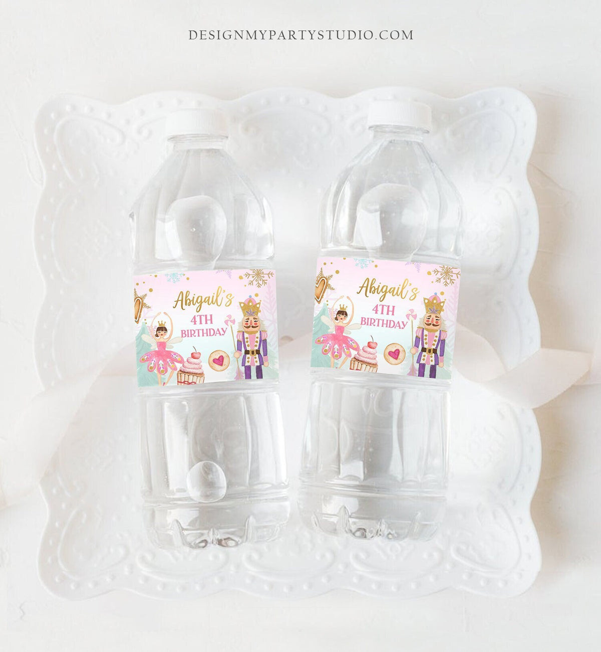 Editable Nutcracker Water Bottle Labels Nutcracker Birthday Party Girl Winter Land of Sweets Silver Digital Template Printable 0352