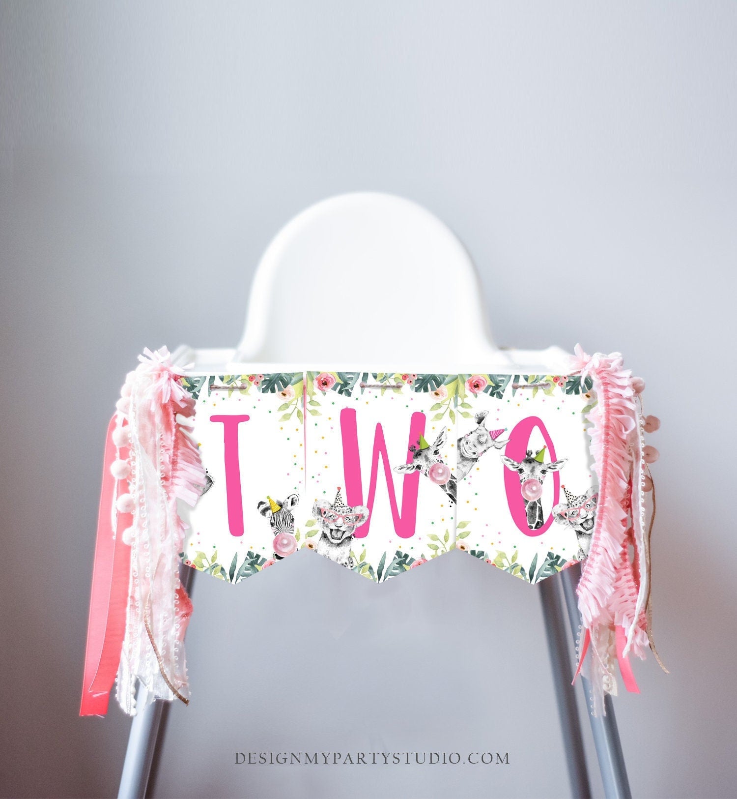 High Chair Banner Safari Animals Pink Party Animals Two Wild Girl Second Birthday 2nd Decorations TWO Banner Digital Download Printable 0322