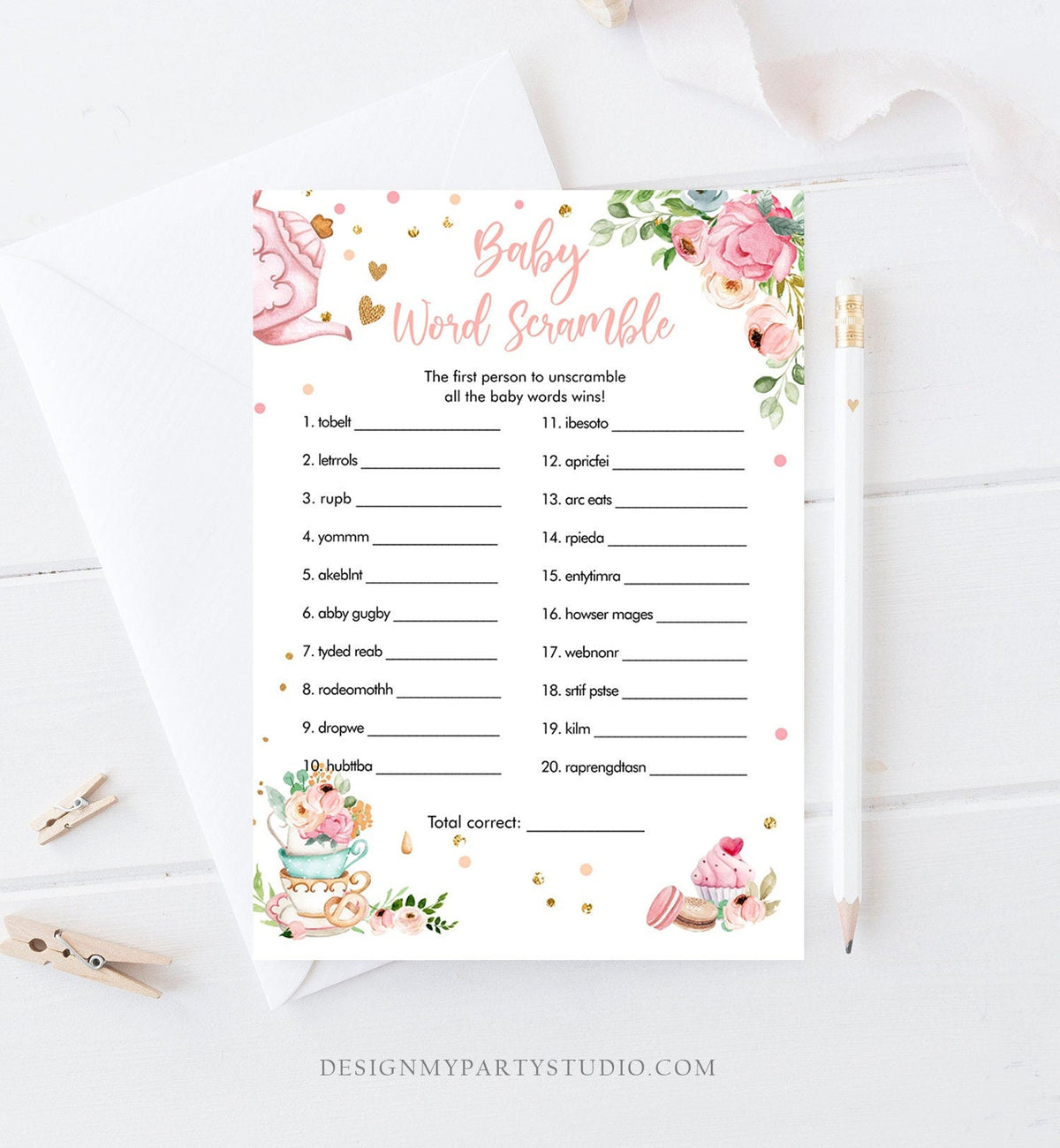 Editable Word Scramble Baby Shower Game Word Search Tea Party Baby is Brewing Game Pink Shower Activity Digital Template Printable 0349