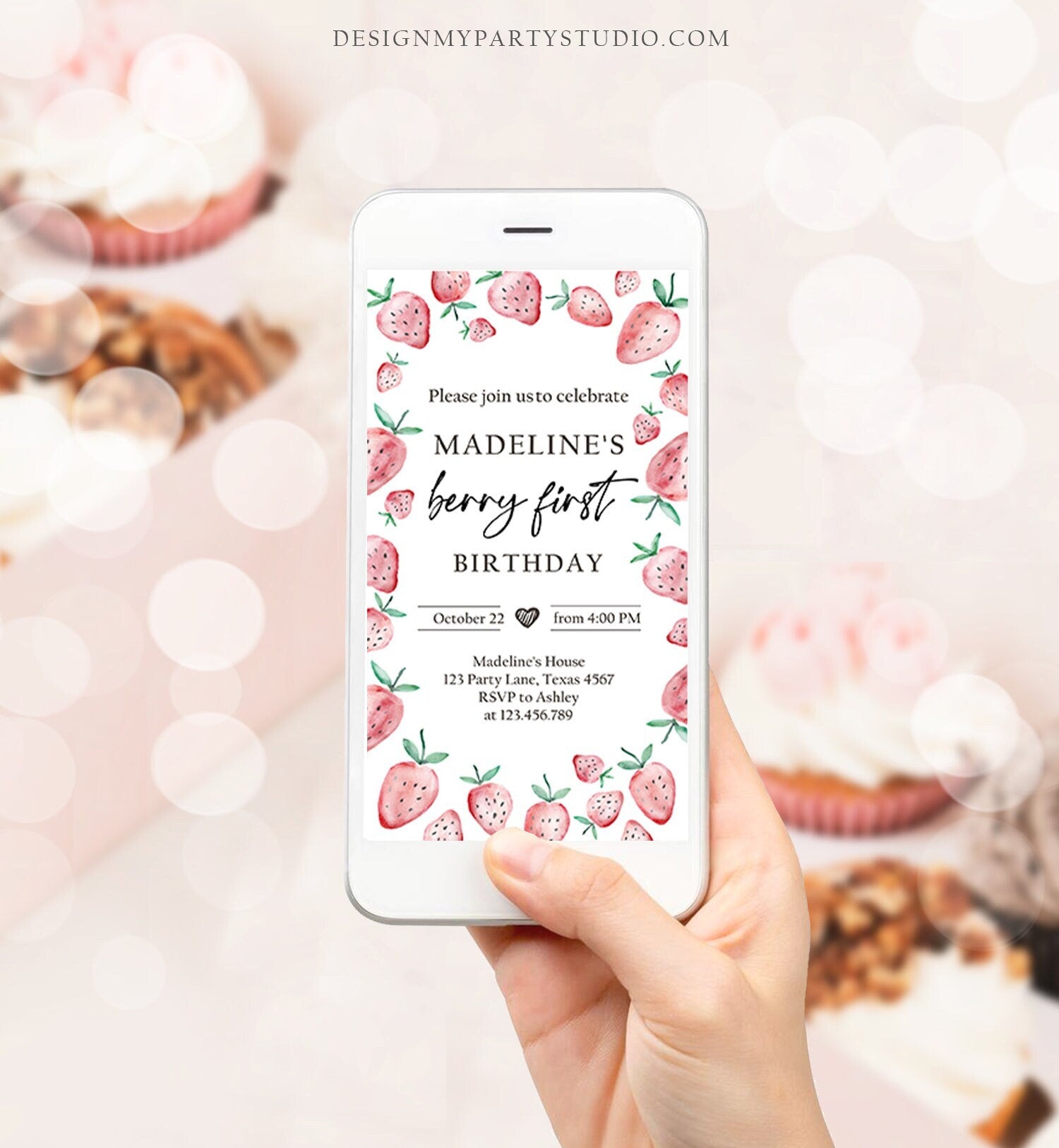 Editable Berry First Birthday Evite Electronic Strawberry Birthday Berry Sweet Strawberries Phone Digital Download Evite Template 0399