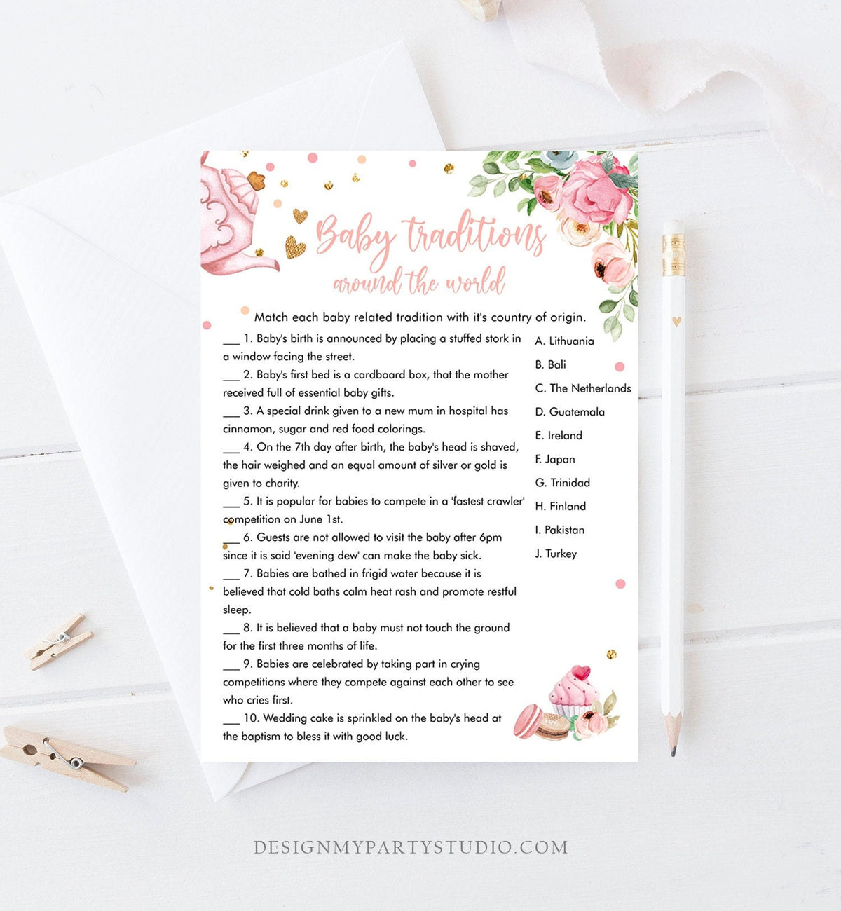 Editable Baby Traditions Around the World Game Baby Shower Tea Party Baby is Brewing Game Pink Sweets Digital Template Printable 0349