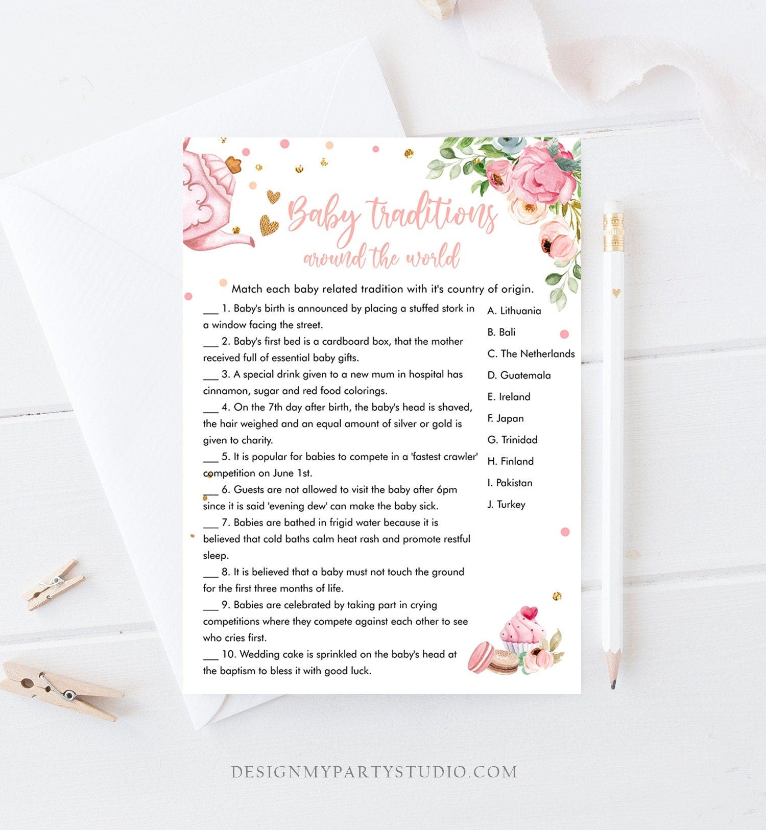 Editable Baby Traditions Around the World Game Baby Shower Tea Party Baby is Brewing Game Pink Sweets Digital Template Printable 0349