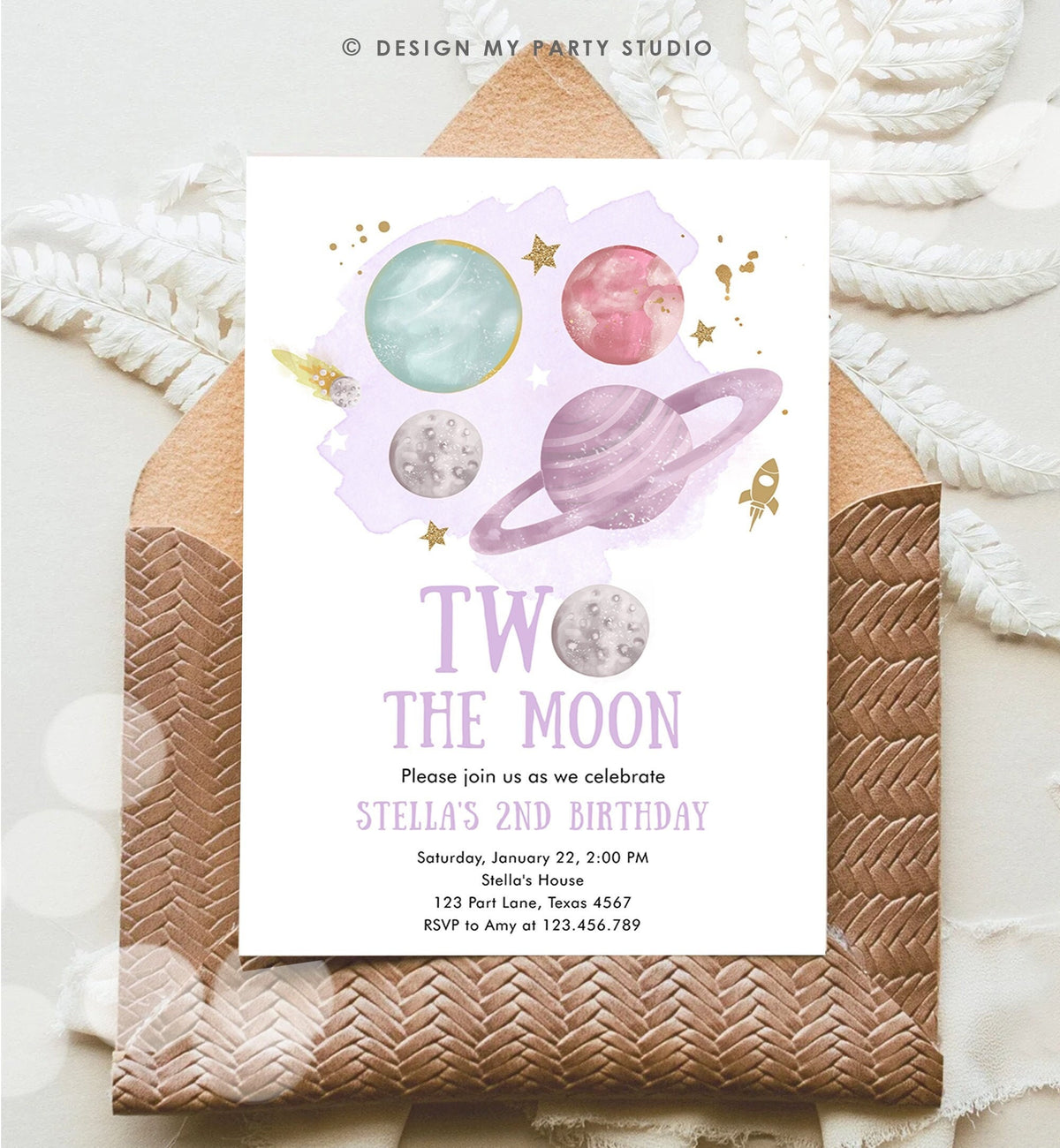 Editable Two the Moon 2nd Second Birthday Invitation Girl Purple Space Two the Moon Galaxy Download Printable Template Digital Corjl 0357