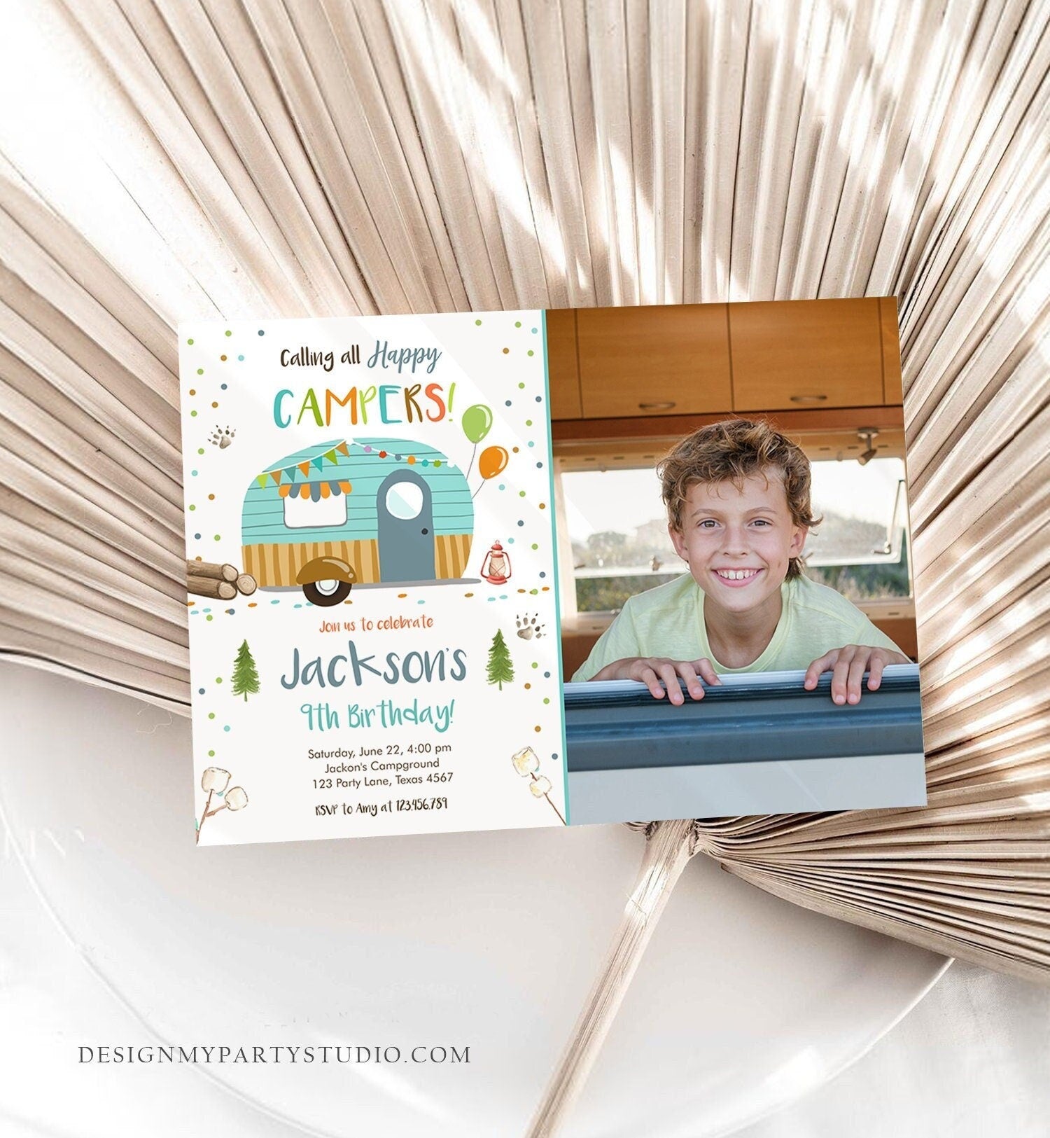 Editable Happy Camper Birthday Invitation Boy Blue Camping Party Pink Camper Glamping Digital Download Evite Template Printable 0342