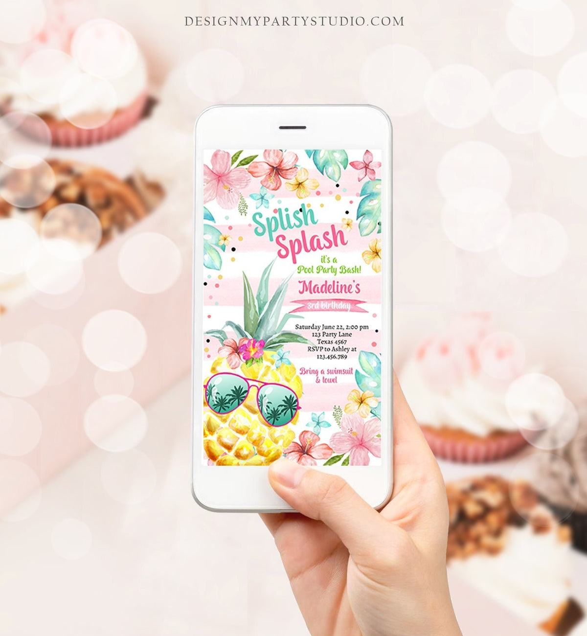 Editable Hawaiian Luau Birthday Evite Pineapple Birthday Pool Party Pink Girl Electronic Phone Digital Download Template Printable 0391