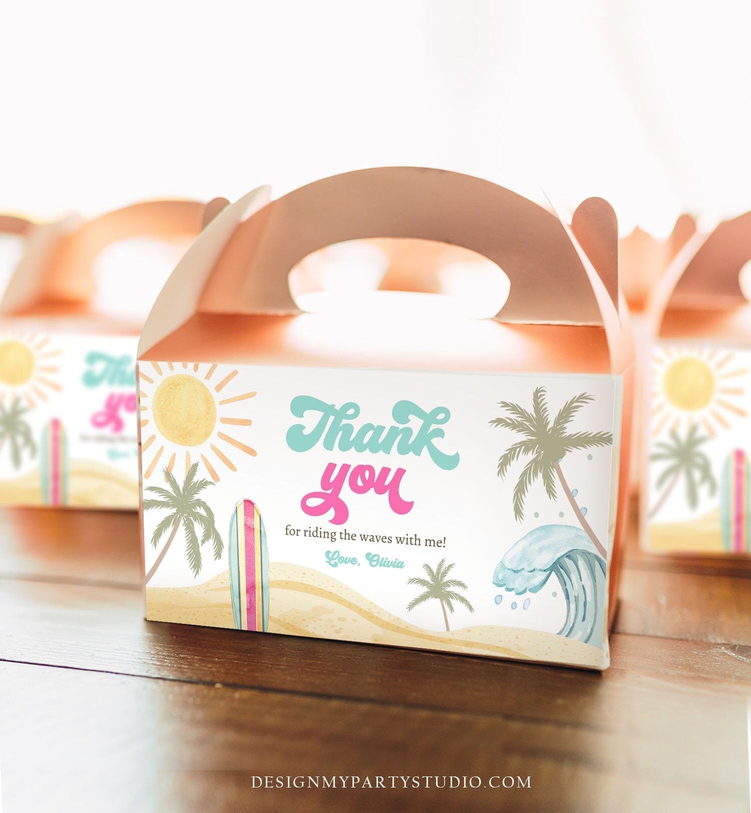 Editable Surf Gable Box Favor Label Surf Birthday Favor Box Label GirlThe Big One Retro Surfboard Digital Download Template Printable 0433