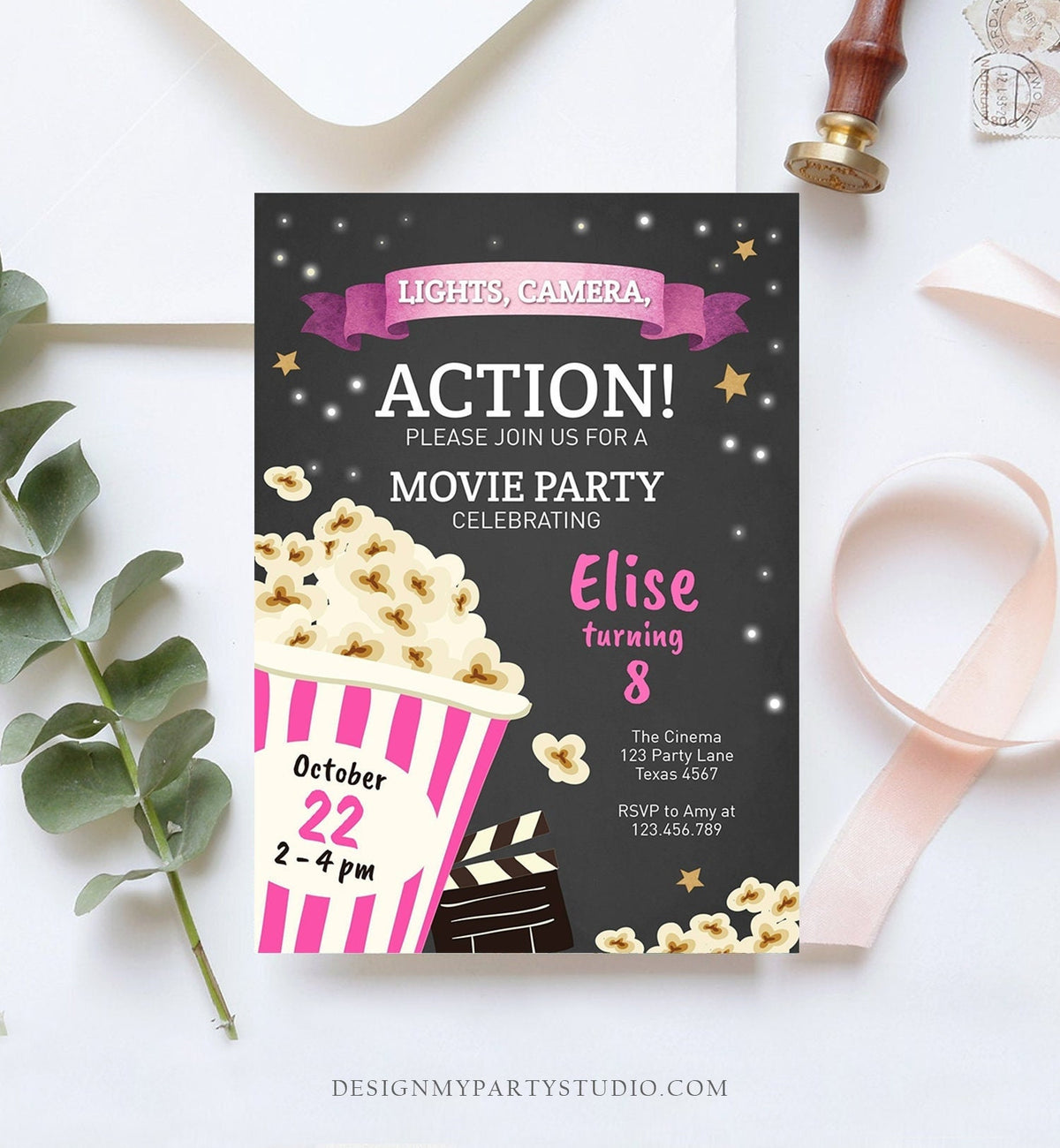 Editable Movie Night Birthday Invitation Pink Girl Movie Invite Cinema Party Backyard Movie Popcorn Download Printable Template Corjl 0182