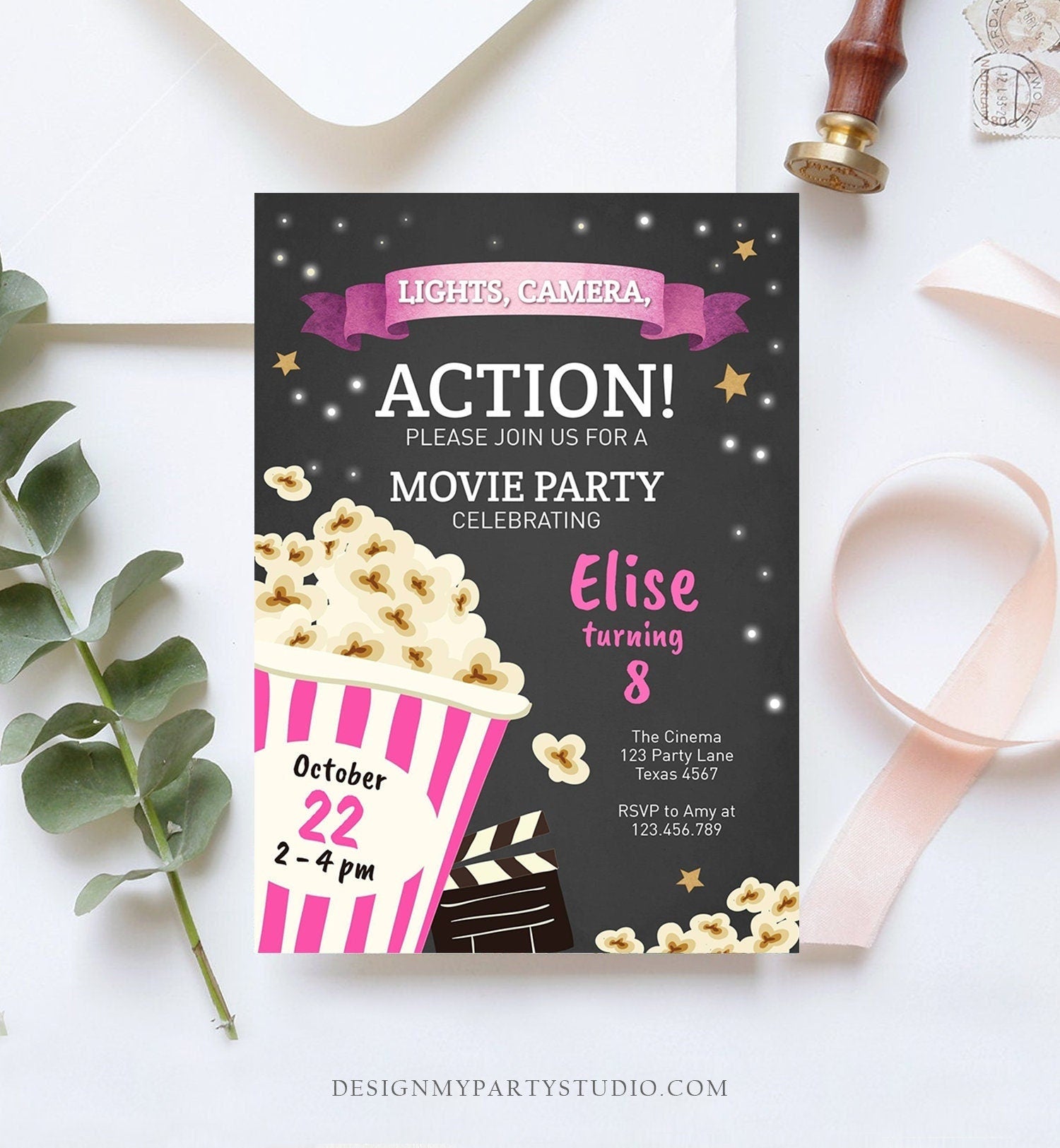Editable Movie Night Birthday Invitation Pink Girl Movie Invite Cinema Party Backyard Movie Popcorn Download Printable Template Corjl 0182