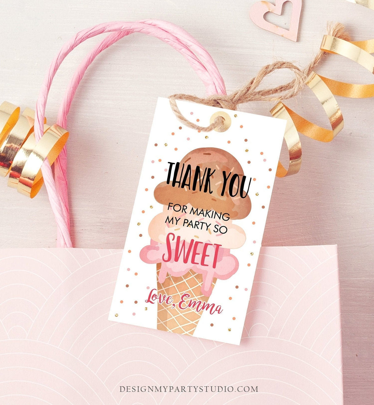 Editable Ice Cream Favor Thank You Tags Ice Cream Birthday Party Girl Pink Boho Coral Gift Goodie Bag Labels Corjl Template PRINTABLE 0243