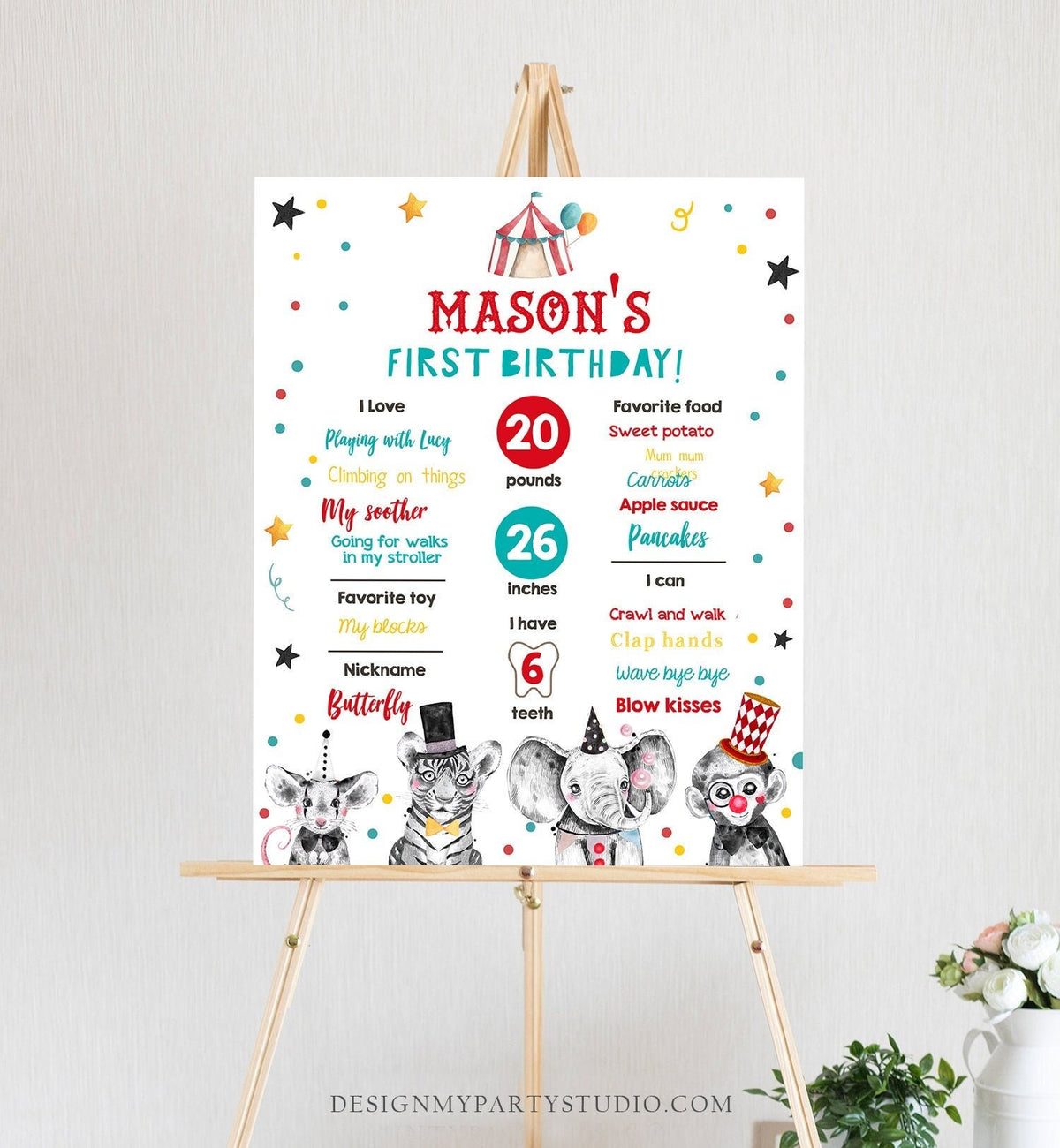 Editable Circus Animals Birthday Milestones Sign Party Animals Carnival First Birthday 1st Birthday Download Template Printable Corjl 0355