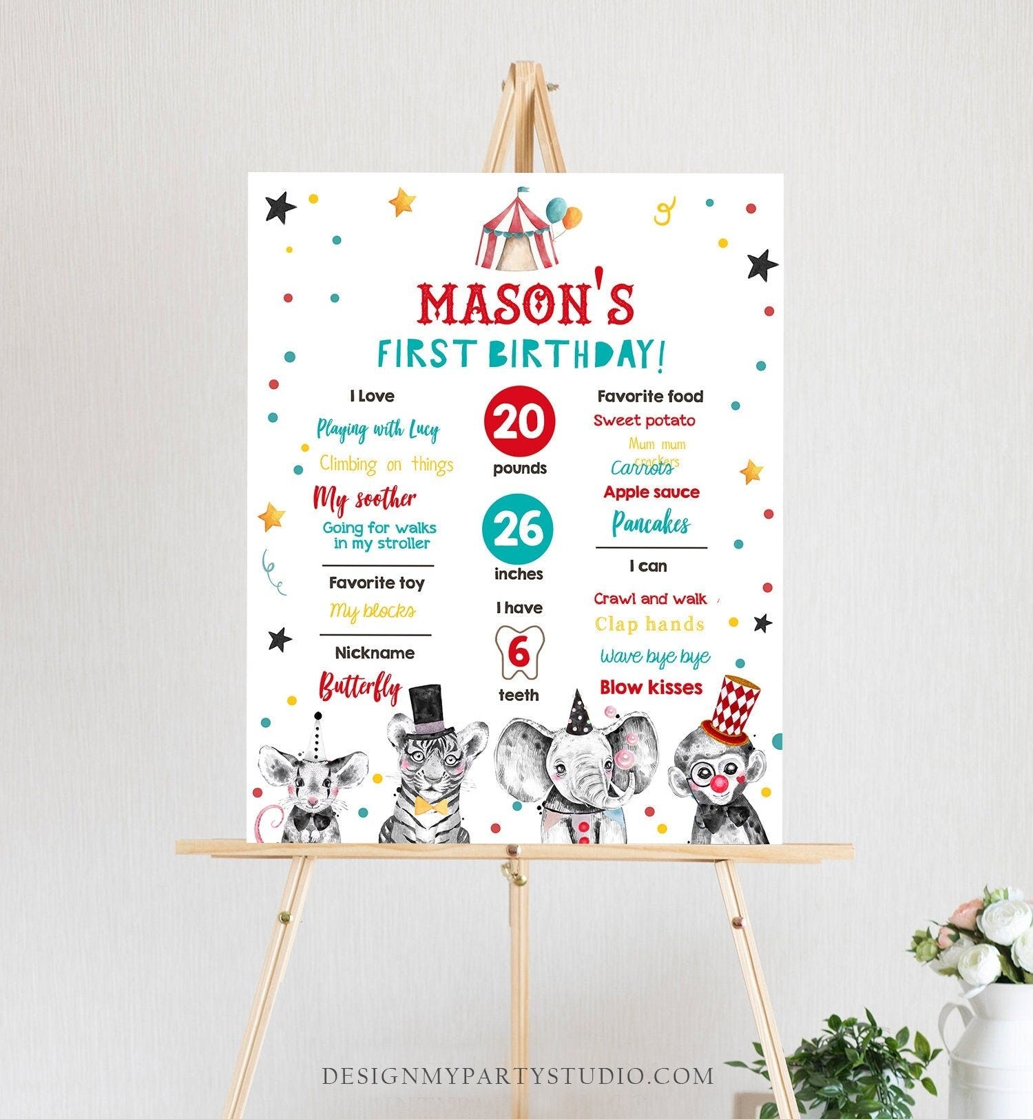 Editable Circus Animals Birthday Milestones Sign Party Animals Carnival First Birthday 1st Birthday Download Template Printable Corjl 0355