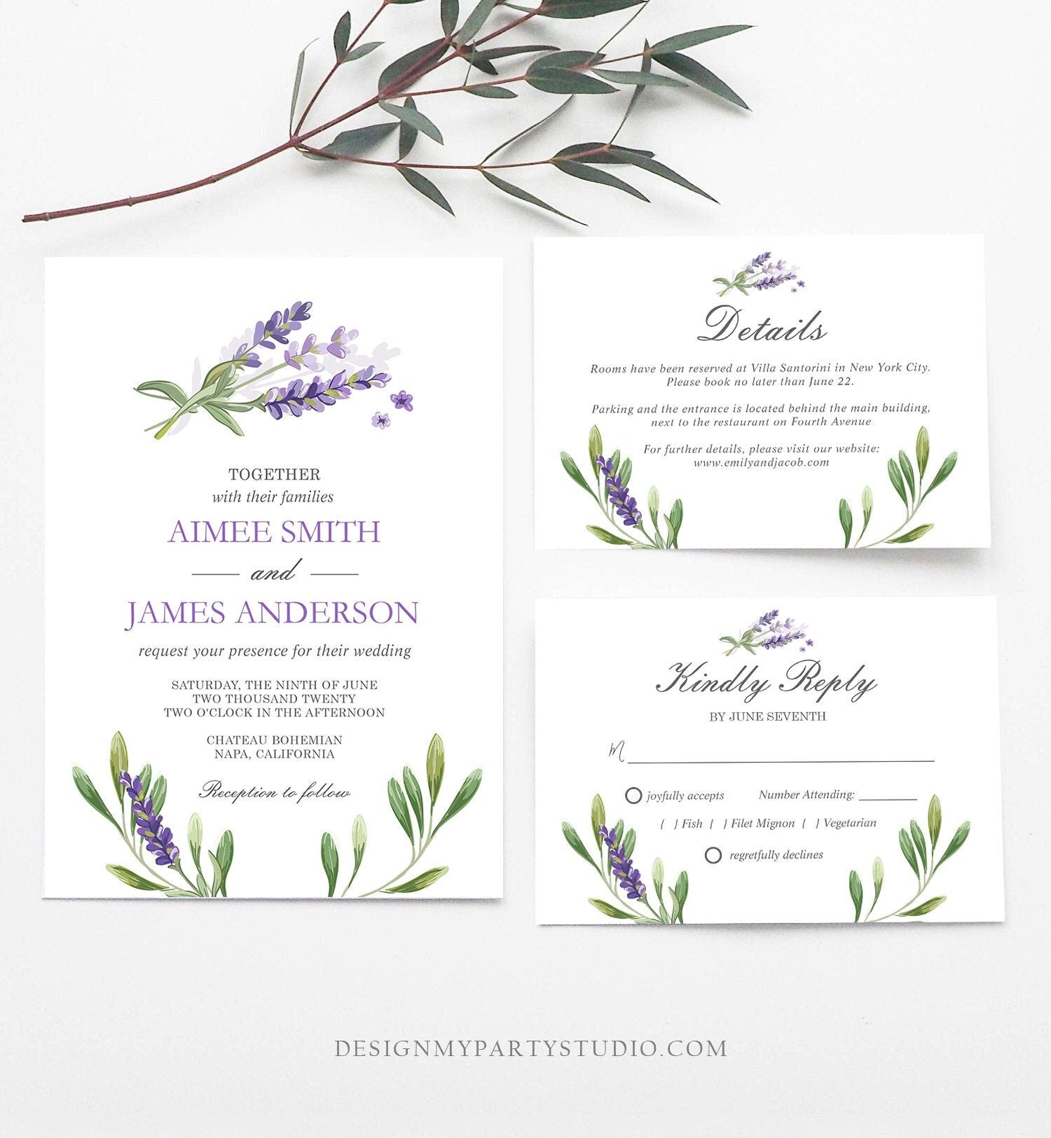 Editable Lavender Wedding Invitation Set Suite Greenery Foliage Boho Wedding Lilac Blush Lavender Purple Corjl Template Printable 0206
