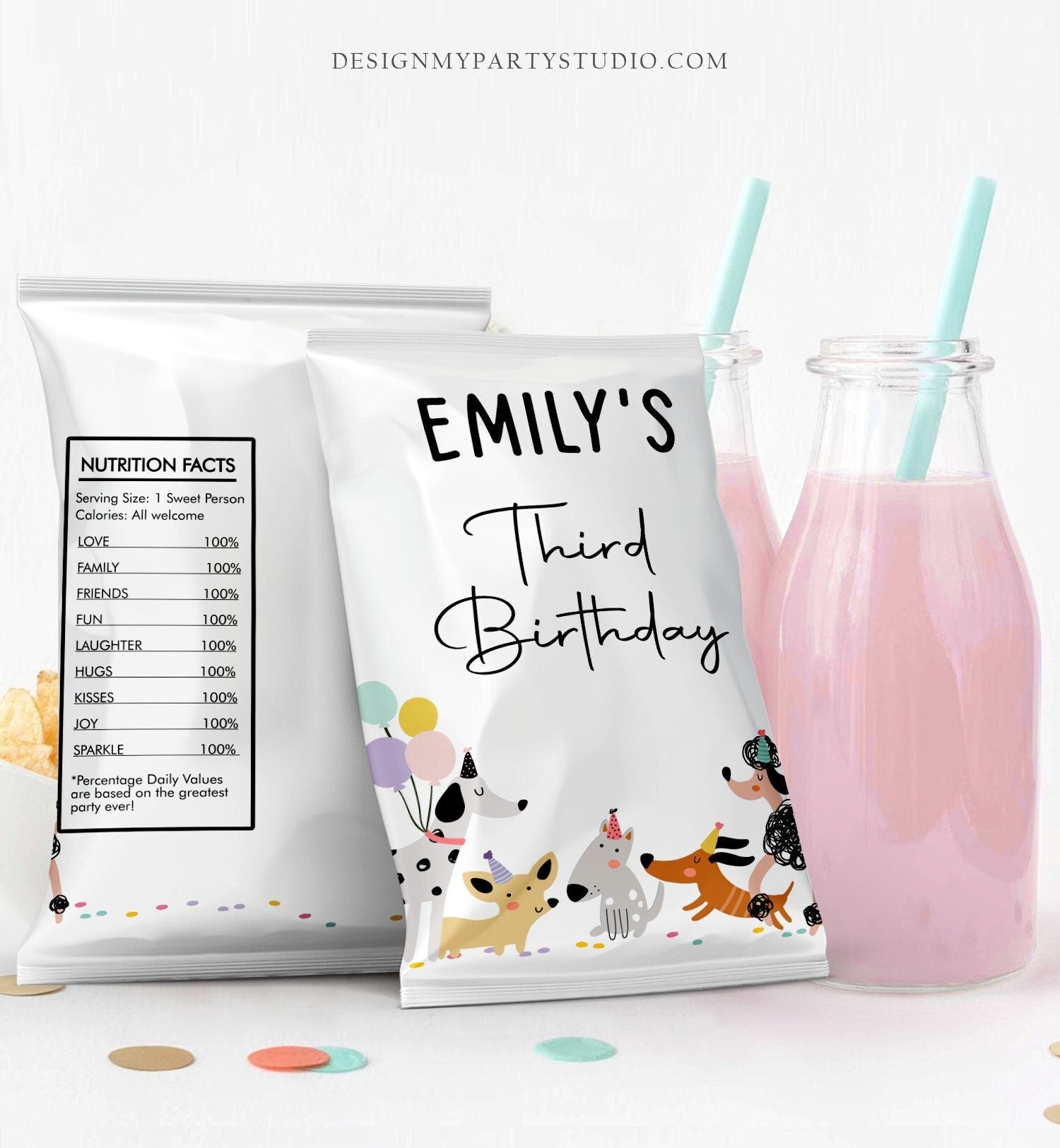 Editable Dog Chip Bag Puppy Party Decor Girl Pawty Birthday Party Snack Favors Potatoes Pet Doggy Digital Download Template Printable 0429