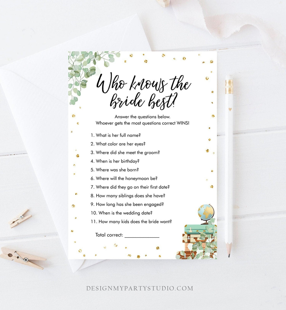 Editable Who Knows the Bride Best Bridal Shower Game Wedding Shower Activity Eucalyptus Gold Confetti Digital Template Printable 0030