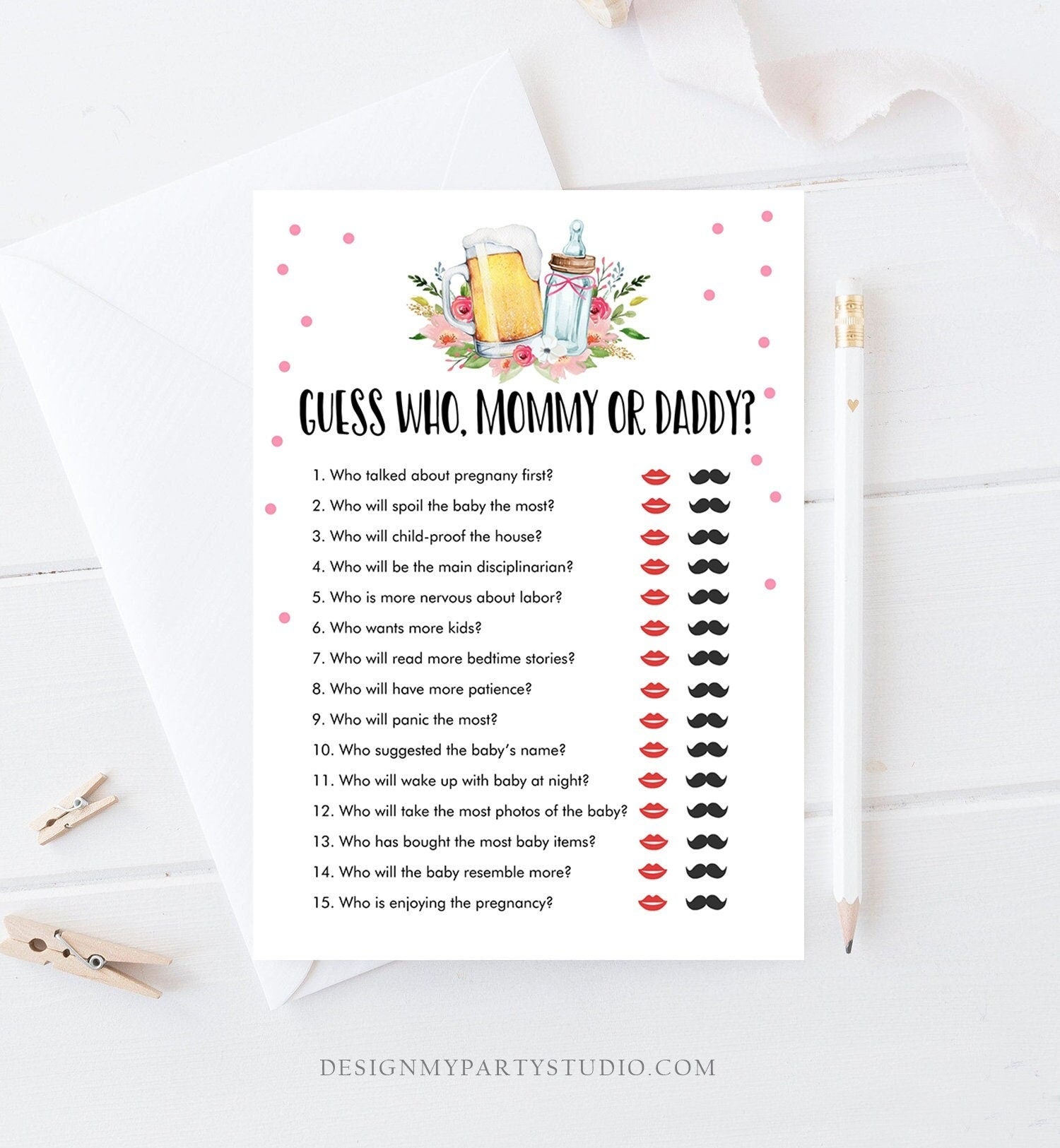 Editable Mommy or Daddy Baby Shower Game Guess Who Mom Dad Greenery Baby is Brewing Activity Beer Bottle Digital Template Printable 0190