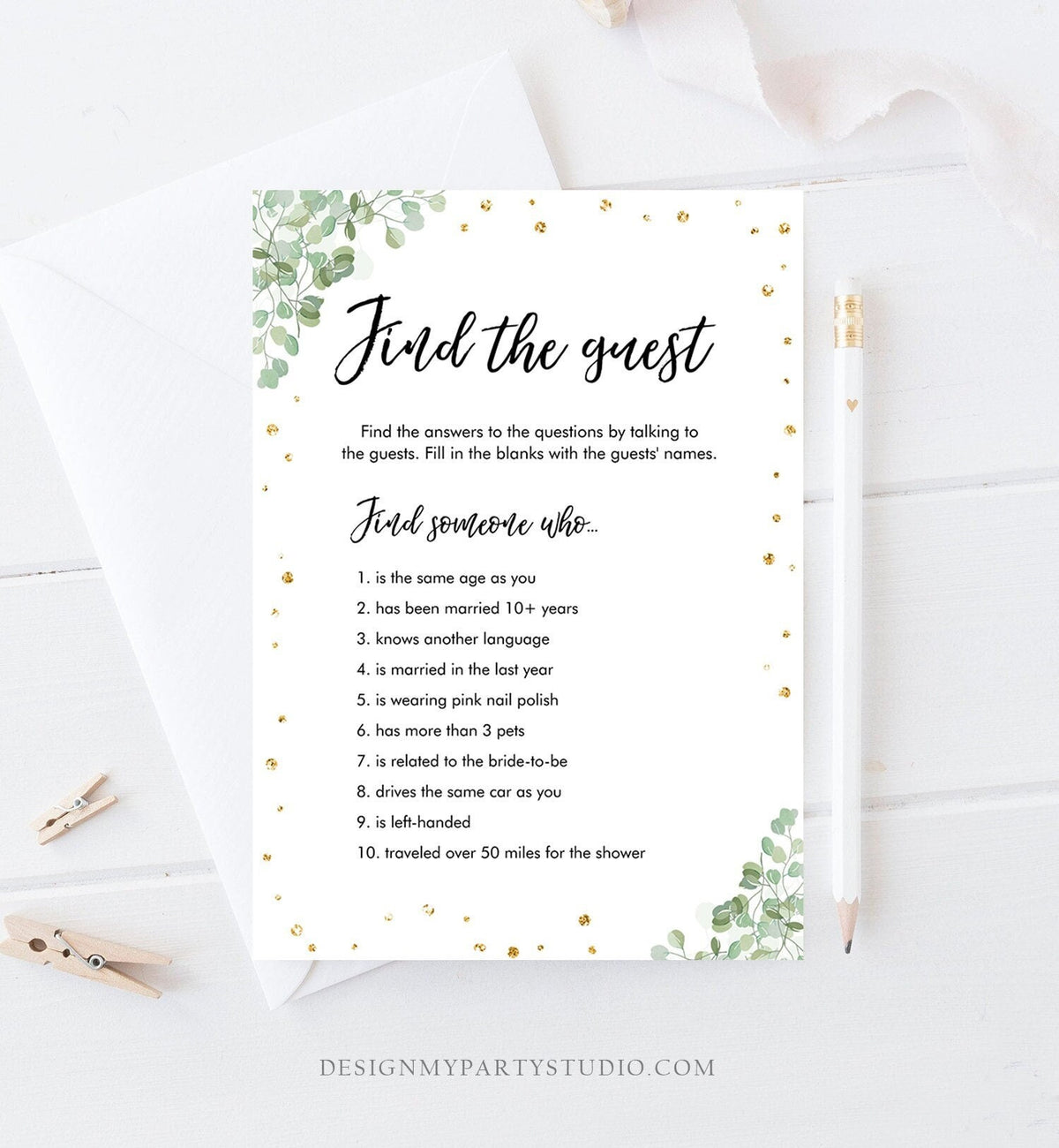 Editable Find the Guest Bridal Shower Game Wedding Shower Activity Eucalyptus Gold Confetti Flowers Download Corjl Printable 0030 0318