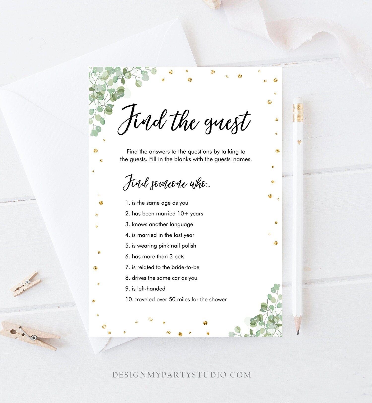 Editable Find the Guest Bridal Shower Game Wedding Shower Activity Eucalyptus Gold Confetti Flowers Download Corjl Printable 0030 0318