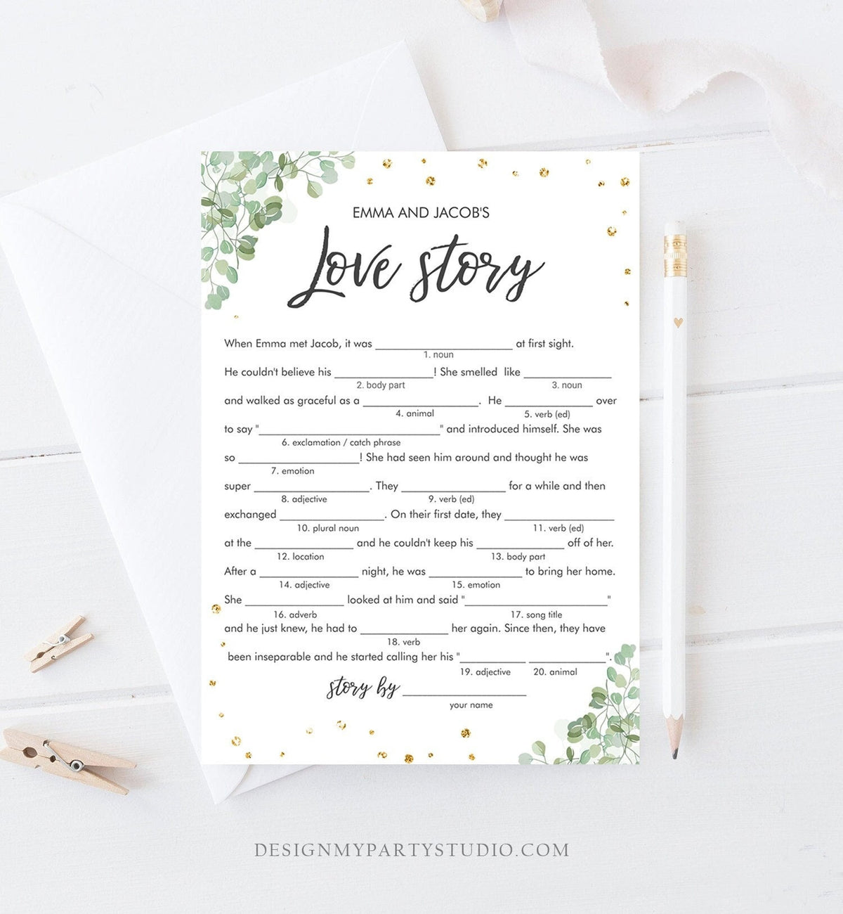 Editable Love Story Bridal Shower Game Funny Eucalyptus Gold Confetti Shower Activity Wedding Foliage Download Corjl Template 0030 0318