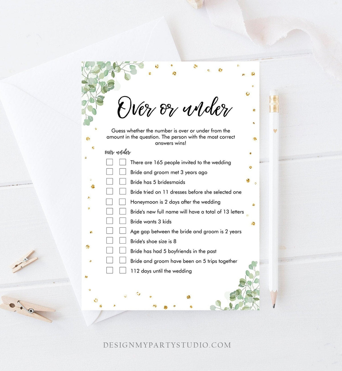 Editable Over or Under Bridal Shower Game Floral Greenery Flowers Eucalyptus Confetti Hens Night Guessing Greenery Corjl 0030 0318