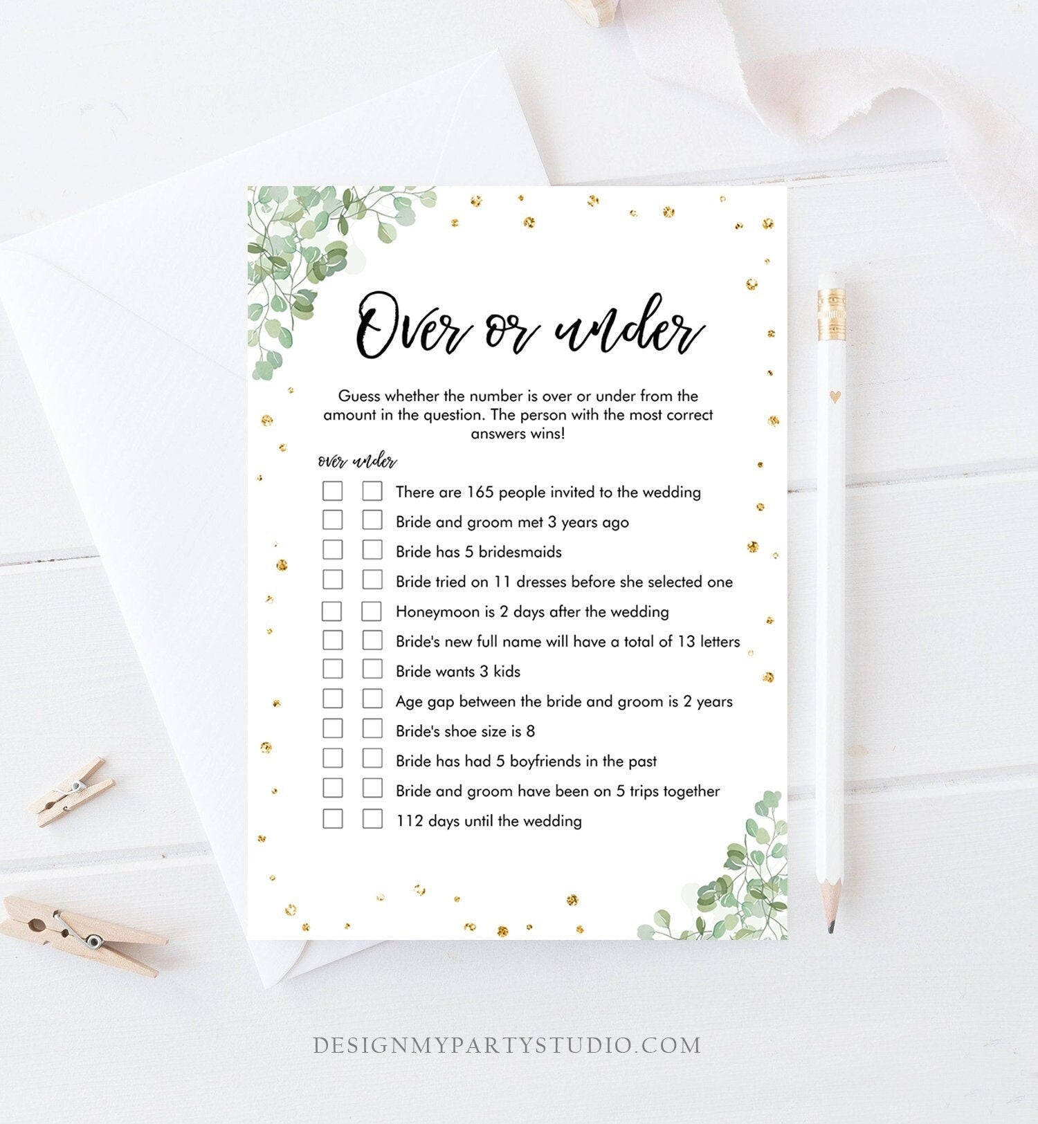 Editable Over or Under Bridal Shower Game Floral Greenery Flowers Eucalyptus Confetti Hens Night Guessing Greenery Corjl 0030 0318