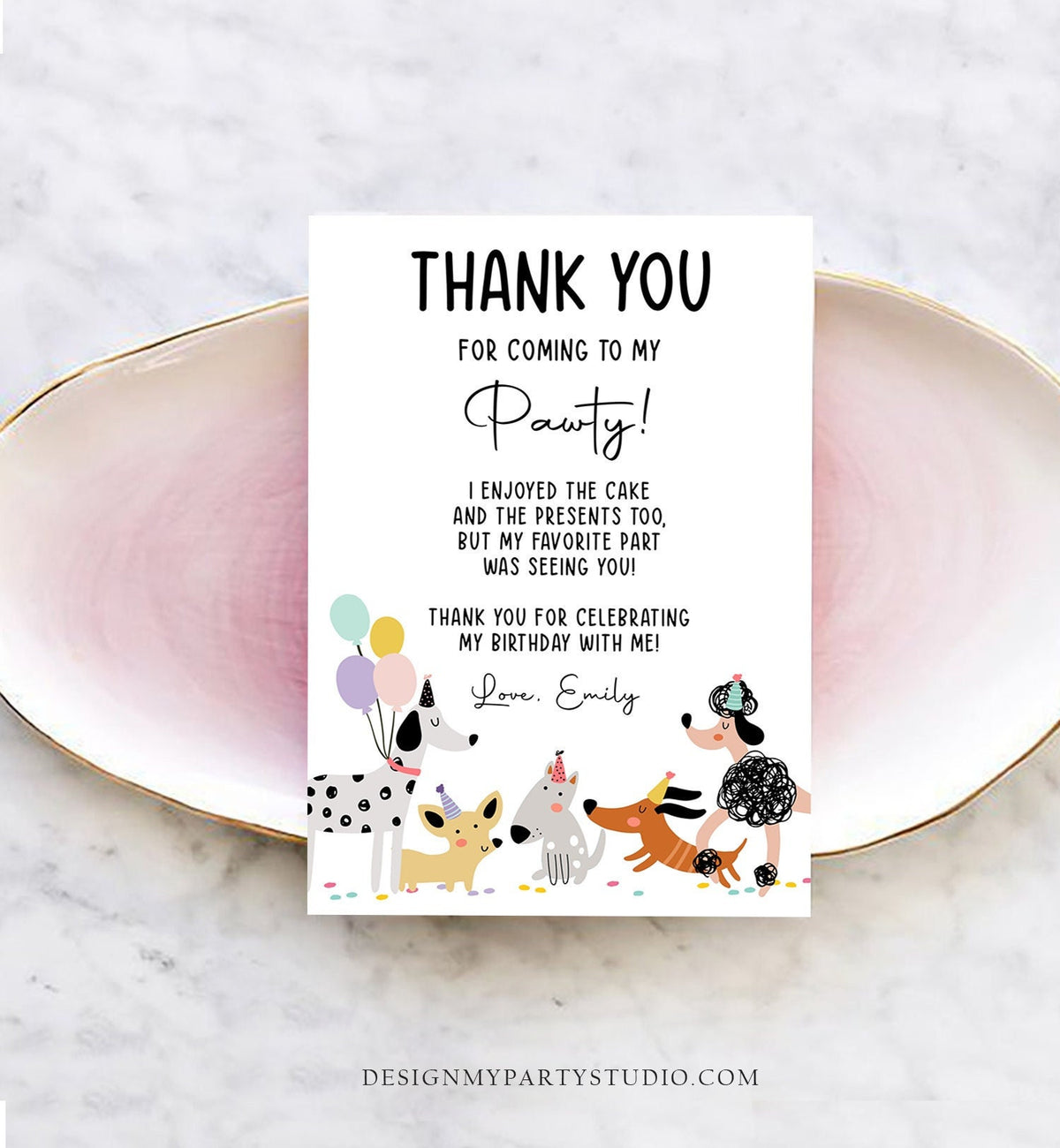 Editable Dog Birthday Thank You Card Puppy Birthday Invite Pink Girl Pawty Birthday Animal Pet Vet Digital Download Template Printable 0429