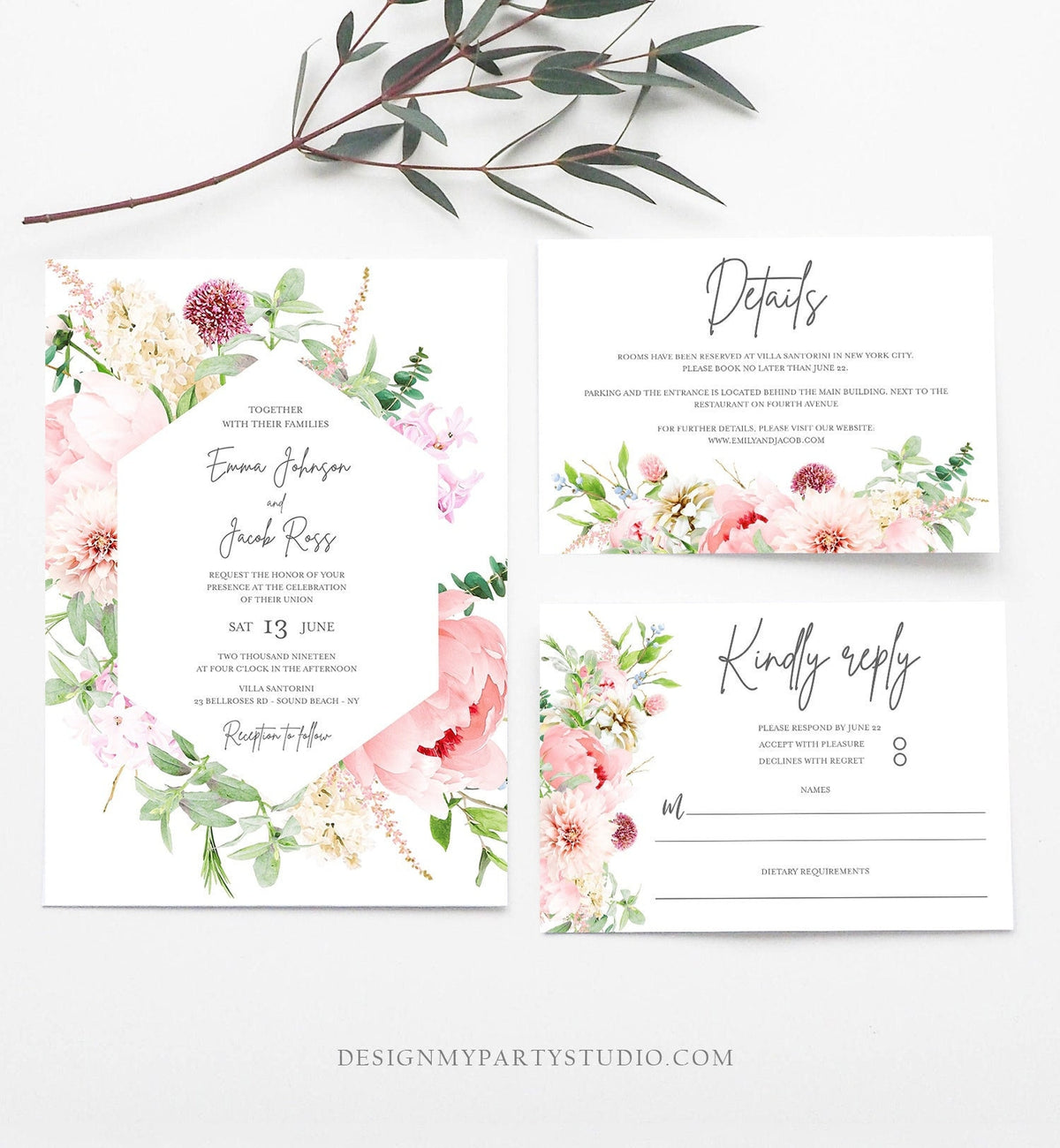 Editable Botanical Flowers Wedding Invitation Suite Set Watercolor Peony Pink Floral RSVP Details Boho Digital Corjl Template Printable 0167