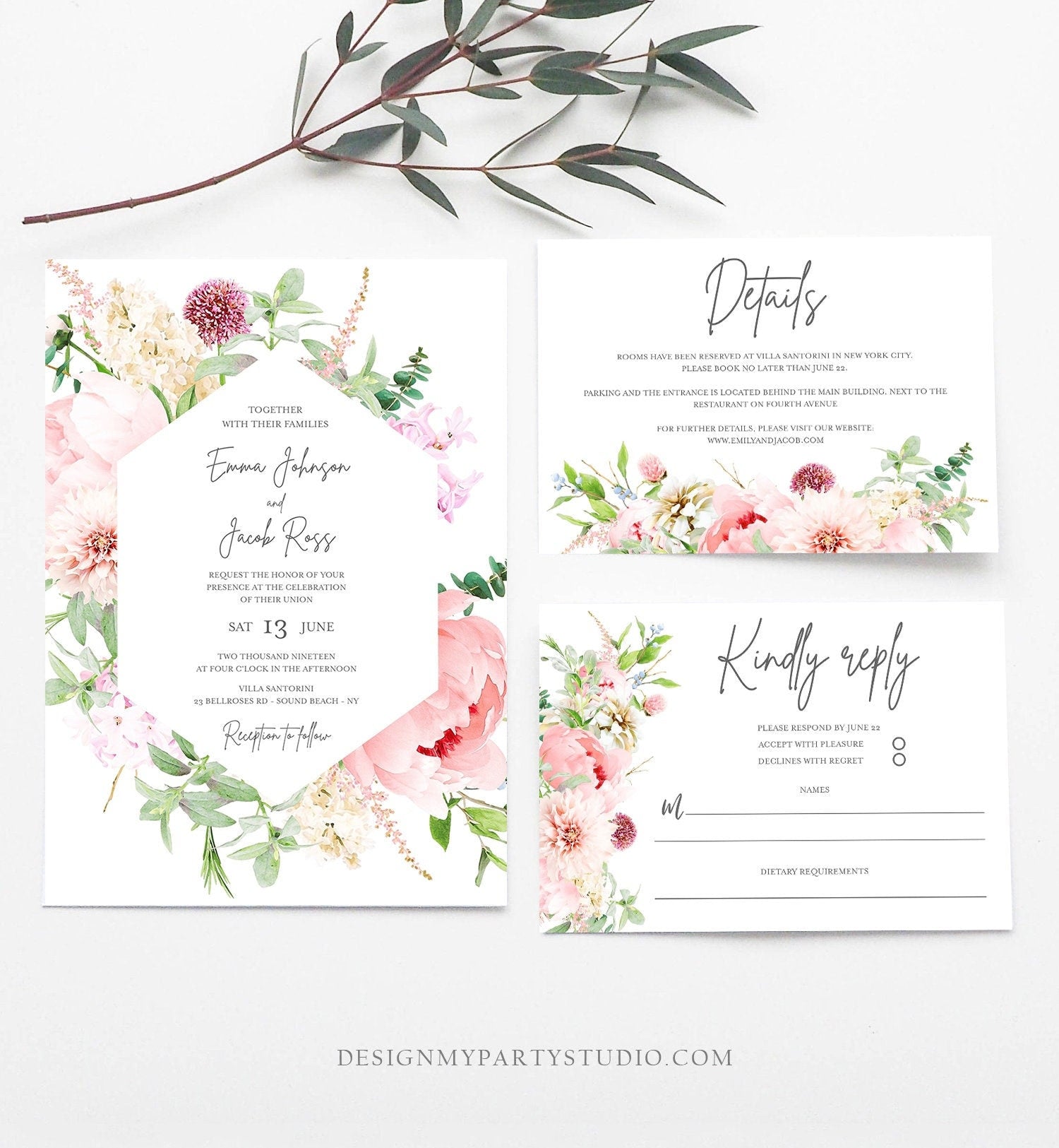 Editable Botanical Flowers Wedding Invitation Suite Set Watercolor Peony Pink Floral RSVP Details Boho Digital Corjl Template Printable 0167