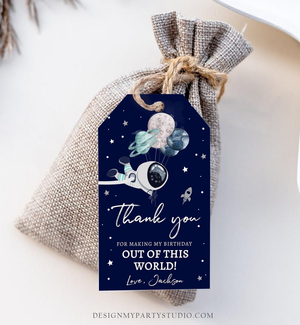 Editable Outer Space Planets Favor Tag Astronaut Birthday Thank You Label Galaxy Gift Trip Blue Navy Download Corjl Template PRINTABLE 0366