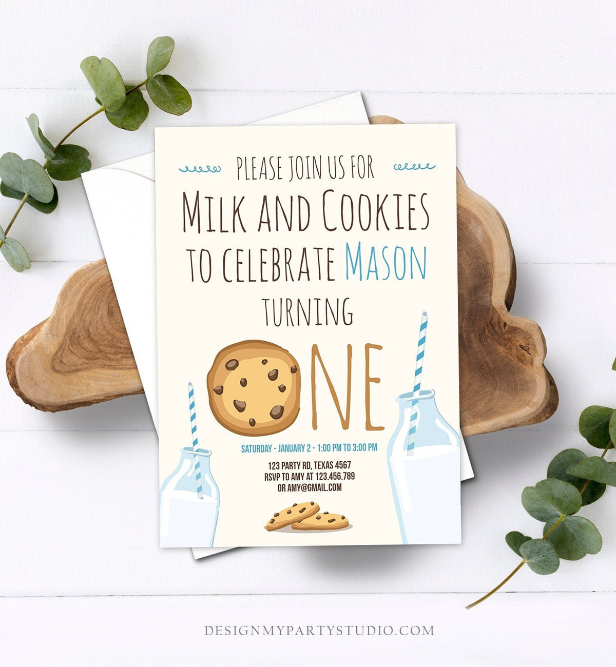 Editable Milk and Cookies Birthday Invitation Boy Birthday Party Blue First 1st Birthday Digital Download Evite Template Printable 0088
