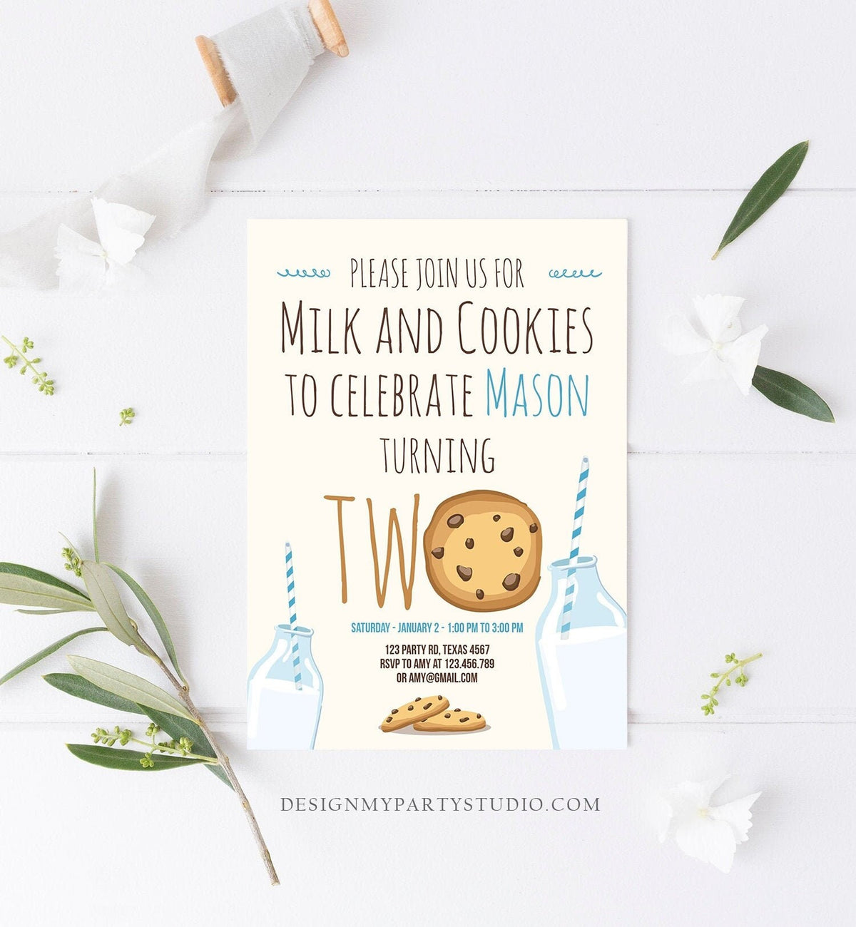 Editable Milk and Cookies Second Birthday Invitation Milk Cookies Party Boy 2nd Two Birthday Blue Digital Download Template Printable 0088