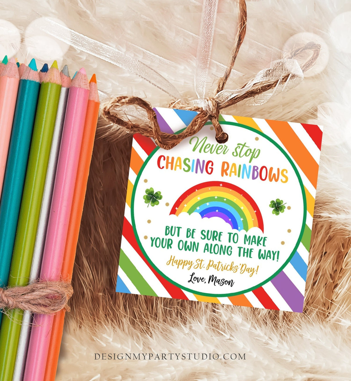 Editable Chasing Rainbows Tag St Patrick&#39;s Day Favor Classroom Gift Crayons Pot of Gold Shamrock Leprechaun Digital Template Printable 0451