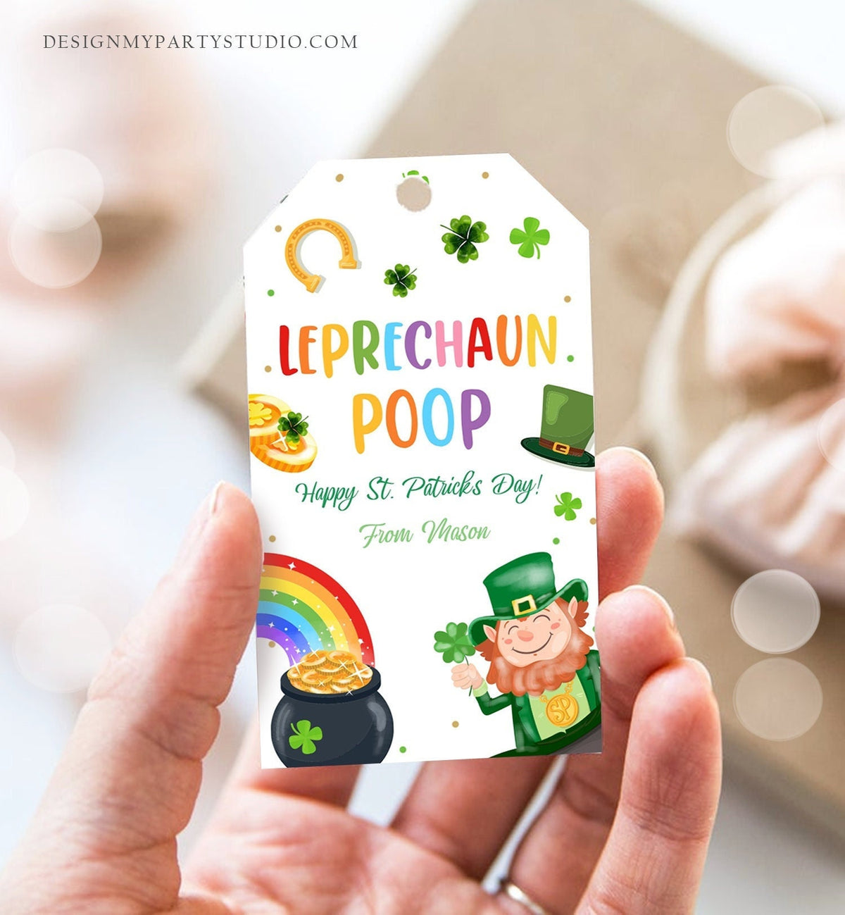 Editable St. Patrick&#39;s Day Tag Leprechaun Poop Tag Lucky Teacher School Kids Classroom Rainbow Gold Shamrock Digital Template Printable 0451