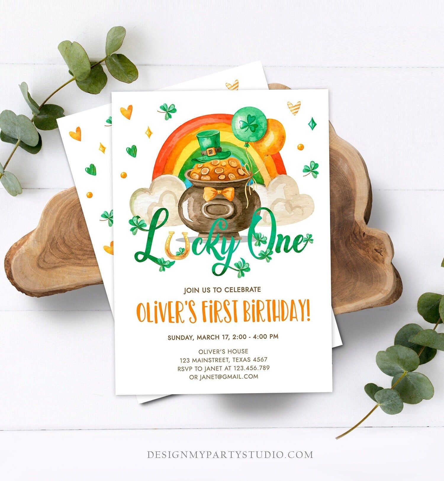 Editable Lucky One Birthday Invitation St. Patrick's Day First Birthday 1st Boy Shamrock Clover Download Corjl Template Printable 0380