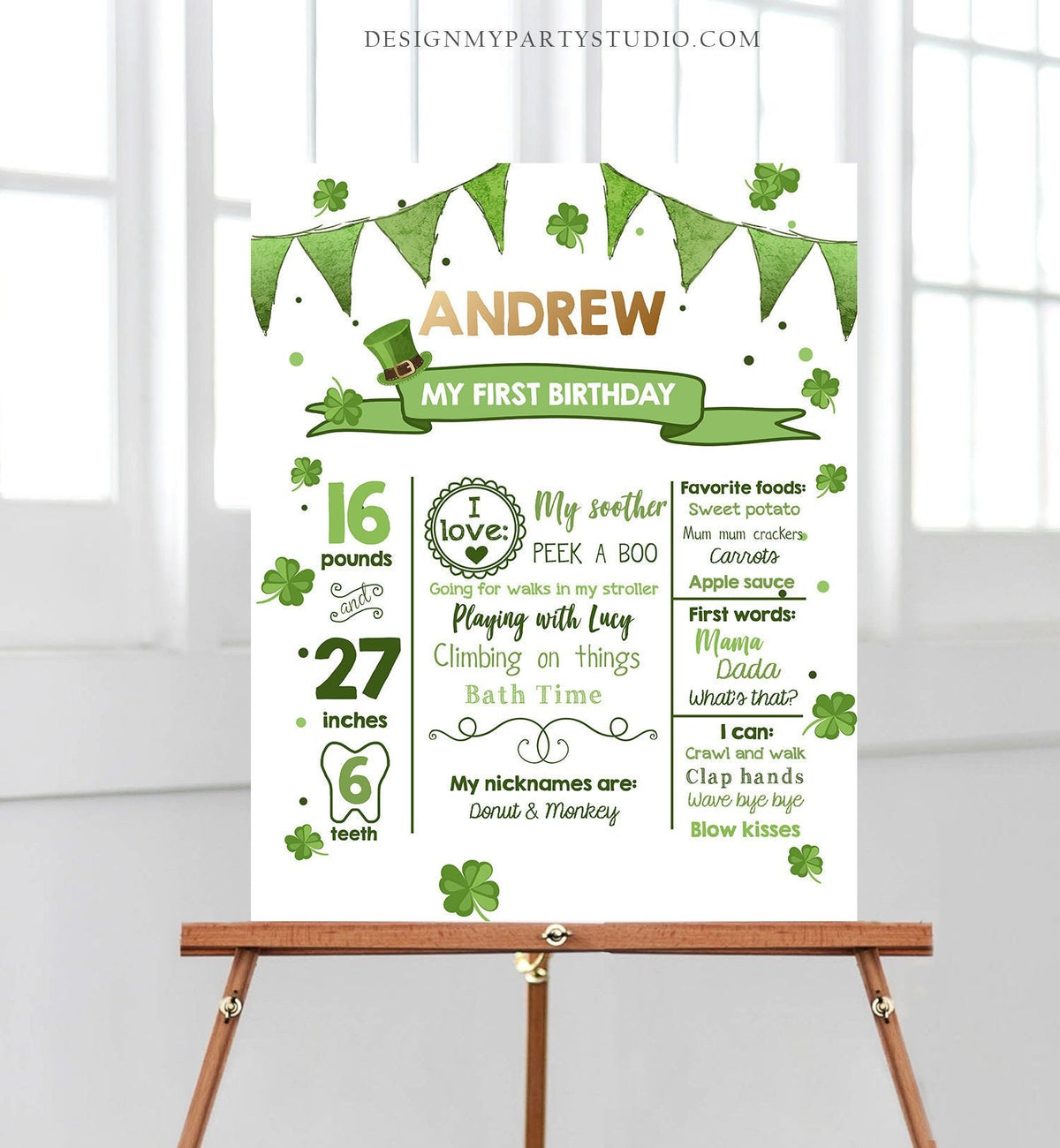 Editable St Patricks Day Milestones Sign Lucky 1sr Birthday Sign Shamrock 1st Birthday Gold Green Clover Digital Template Printable 0115