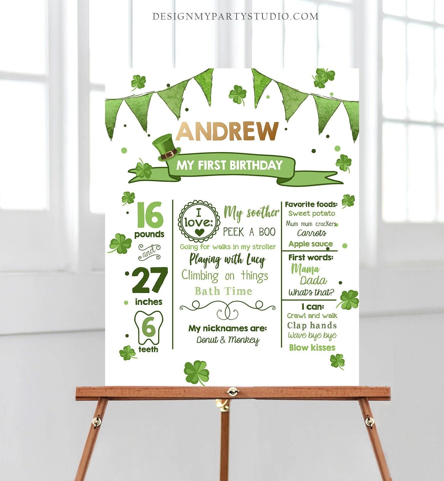 Editable St Patricks Day Milestones Sign Lucky 1sr Birthday Sign Shamrock 1st Birthday Gold Green Clover Digital Template Printable 0115