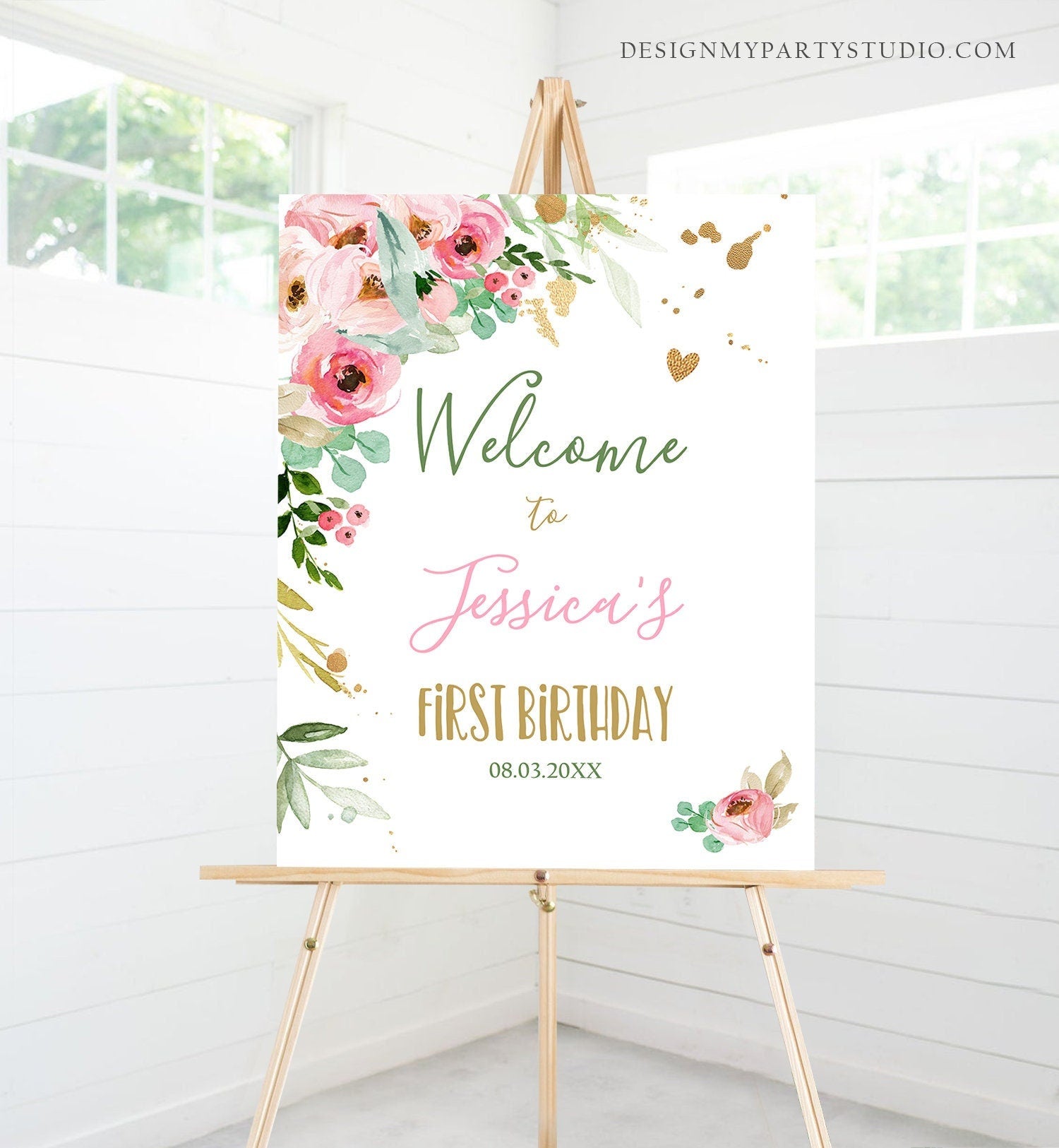 Editable Floral Welcome Sign First Birthday Little Miss Onederful Peach Pink Gold Peonies Baby Shower 16x20 Digital Template Printable 0147