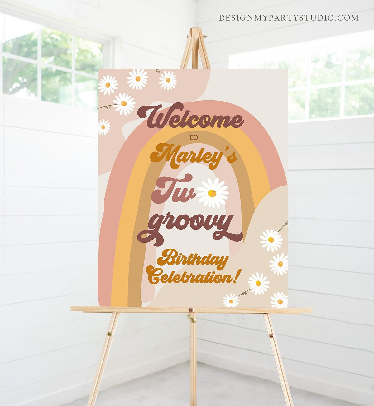 Editable Two Groovy Birthday Welcome Sign Floral Boho 2nd Birthday Welcome Sign Retro 70&#39;s Hippie Festival Template Corjl PRINTABLE 0428