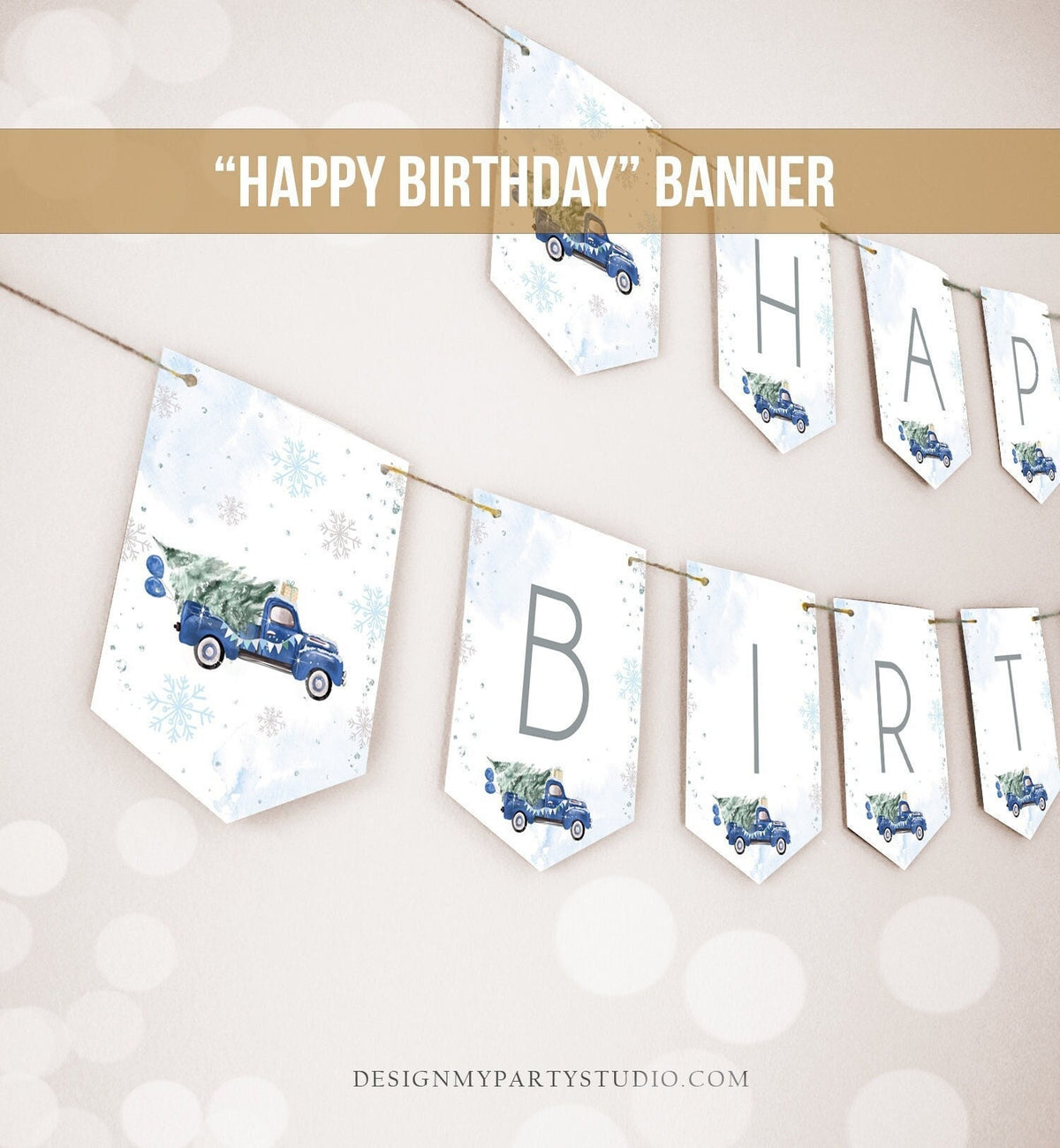 Happy Birthday Banner Winter Truck Blue Boy Birthday Winter Onederland Decor Christmas Tree Watercolor Digital Download Printable 0495